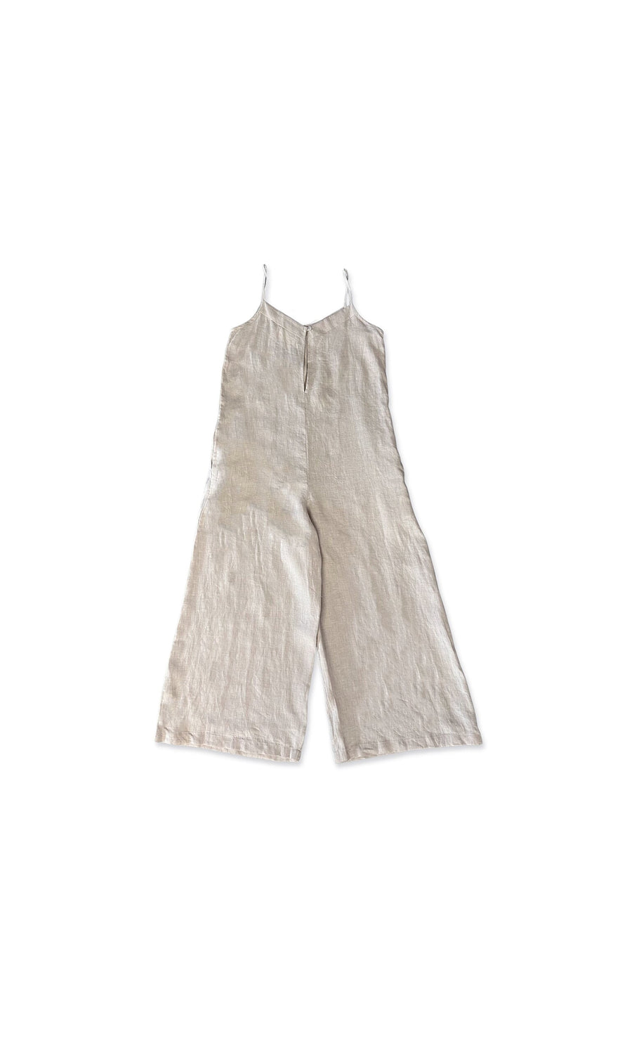 Plümo- Rune Jumpsuit in beige linen, featuring thin spaghetti straps and wide legs, shown flat on a white background.