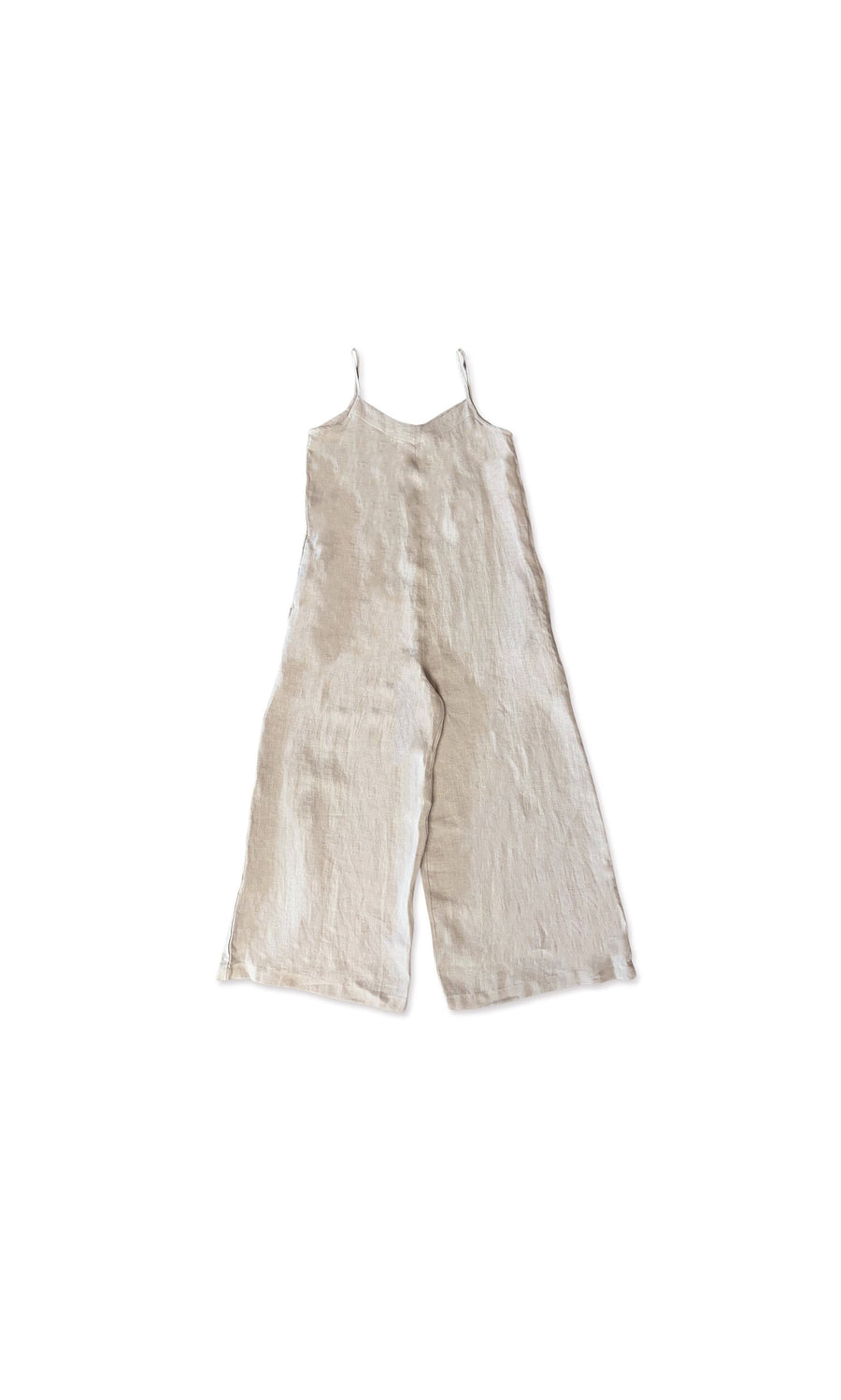 Plümo- Rune Jumpsuit in beige linen with wide legs and thin straps, shown flat on a white background.