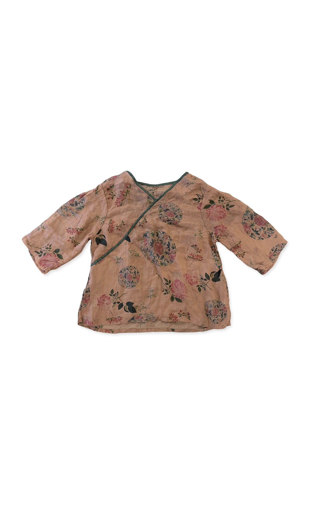 Plümo- Sakura Floral Top: light brown, lightweight floral baby top with relaxed fit and crossover front, flat on white background.