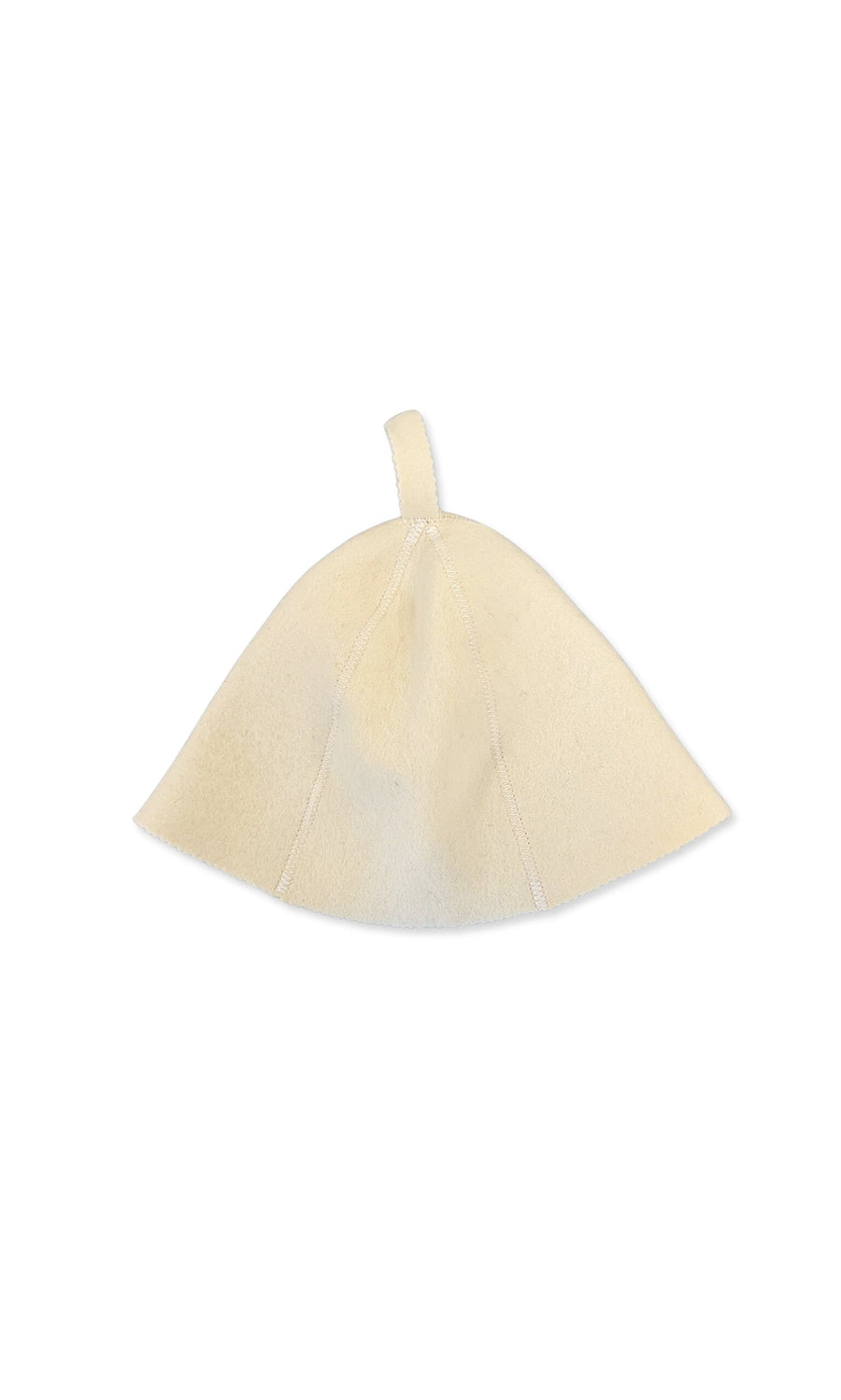 Plümo- The Sauna Felted Hat is a cream-colored, conical wool hat with insulation and a small loop on top.