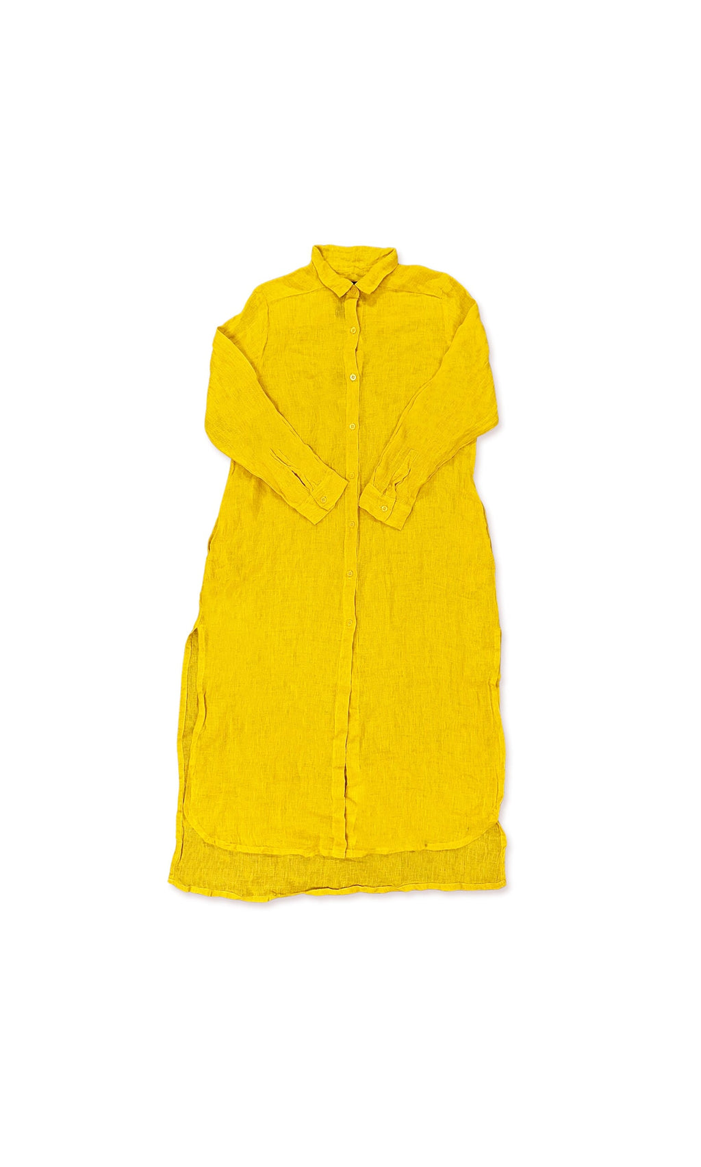 Plümo- Semizie Shirt Dress: long-sleeved, button-up yellow linen shirt dress with collar, shown flat on white background.