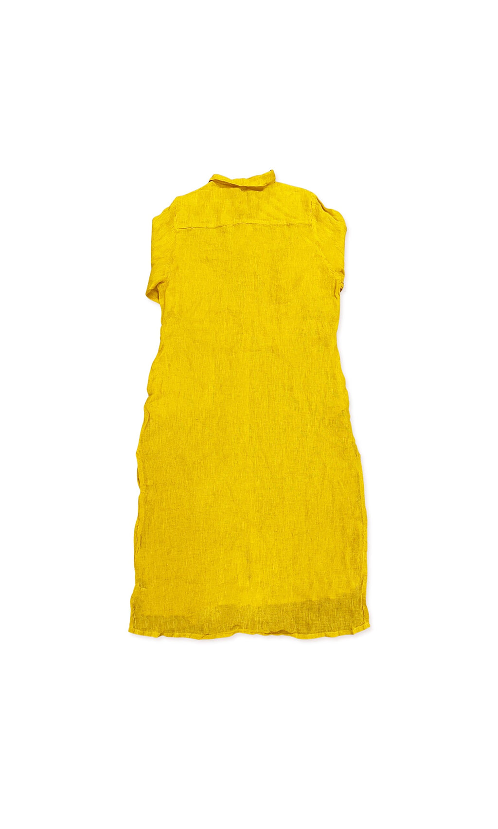 Plümo- Semizie Shirt Dress in yellow linen with relaxed fit, short sleeves, and knee-length, shown on a white background.