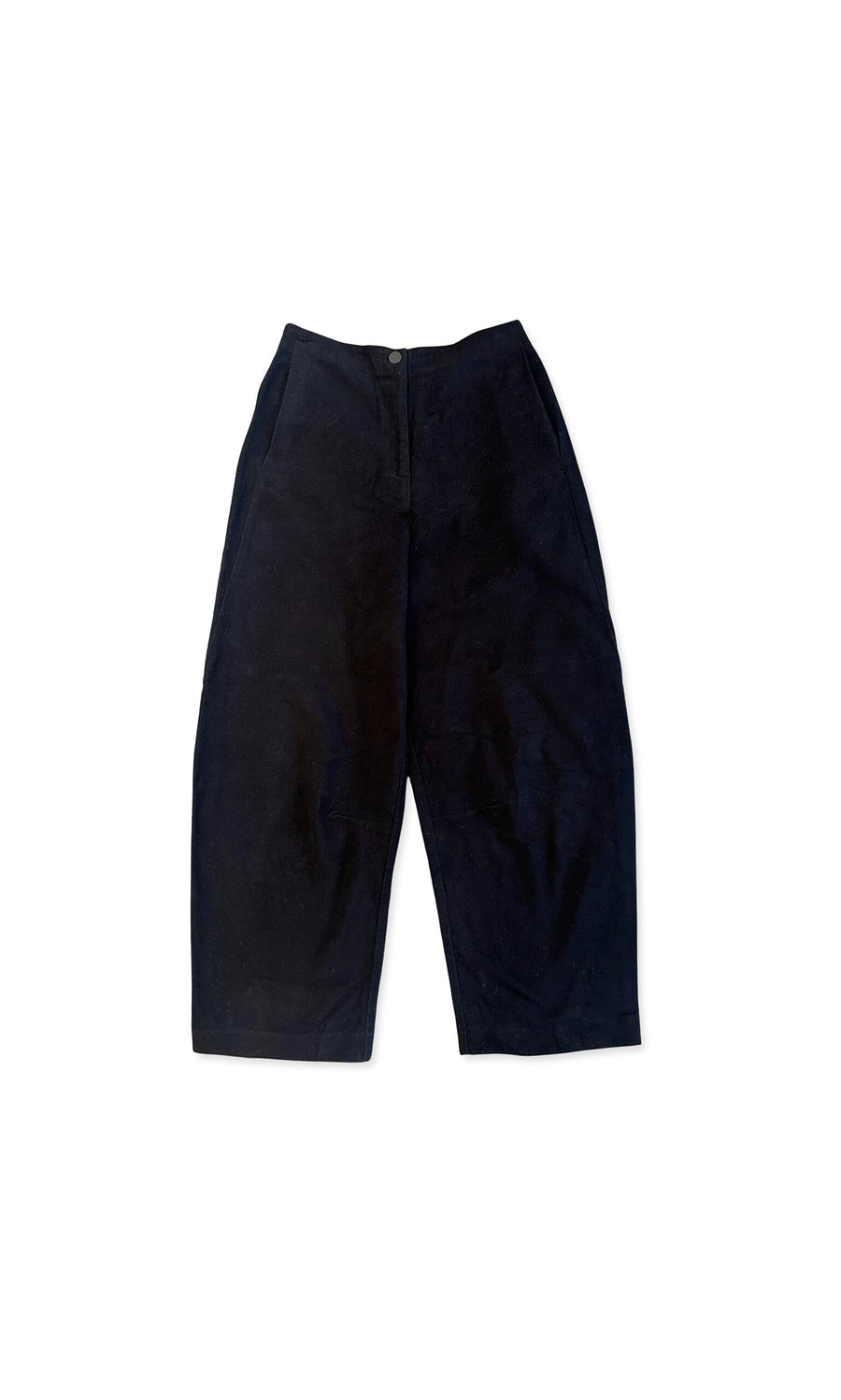 Plümo- Shilo Pants: black high-waisted wide-leg corduroy trousers with button and zipper front, shown on white background.