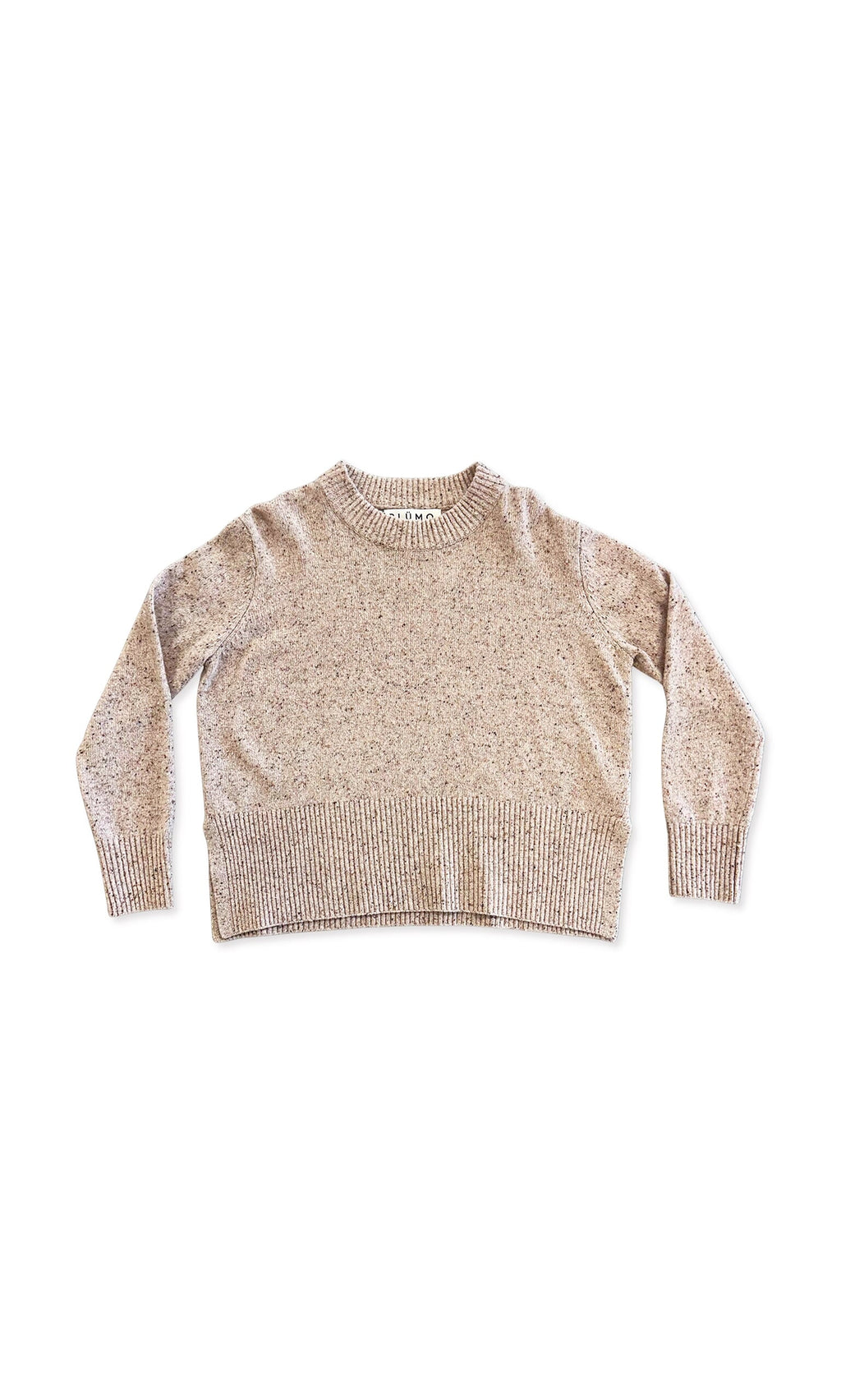 Plümo- The Skye Sweater is a beige crew-neck with long sleeves and ribbed cuffs, hem, and neckline, laid flat on white.