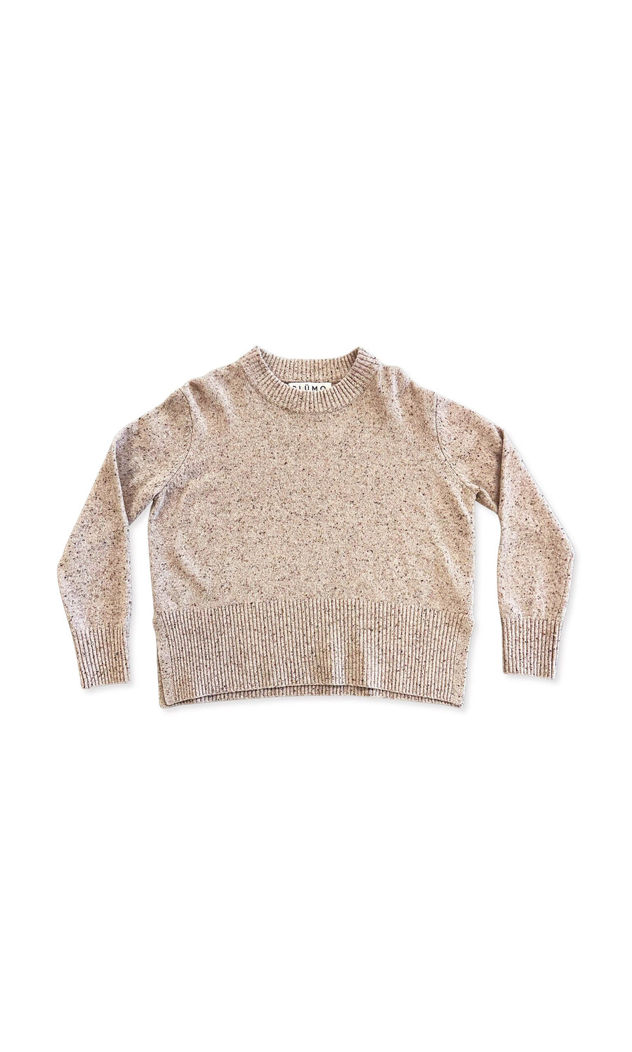 Plümo- The Skye Sweater is a beige crew-neck with long sleeves and ribbed cuffs, hem, and neckline, laid flat on white.