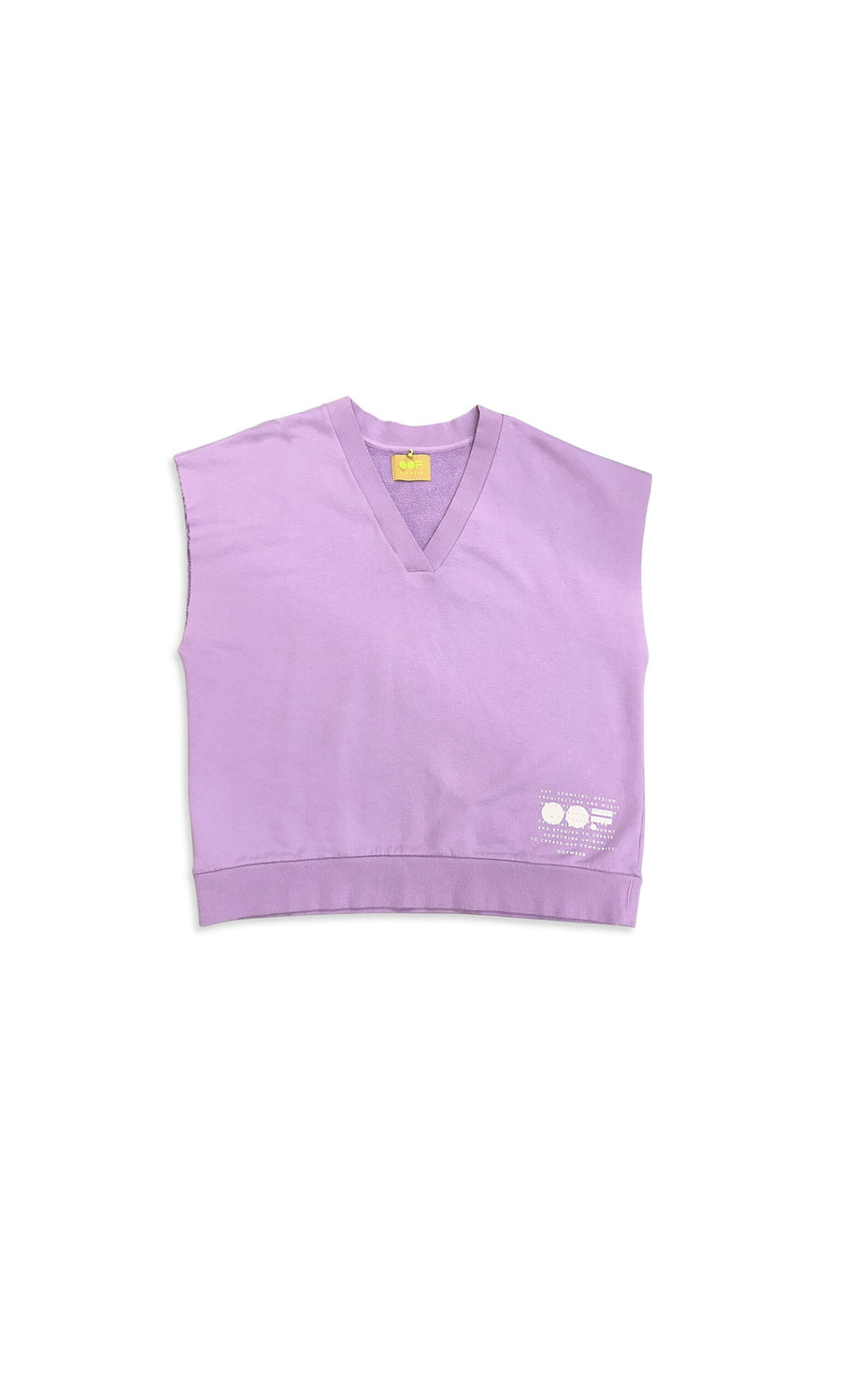 Plümo- Lilac Sleeveless Sweater with V-neck and a small white graphic on the lower left side.