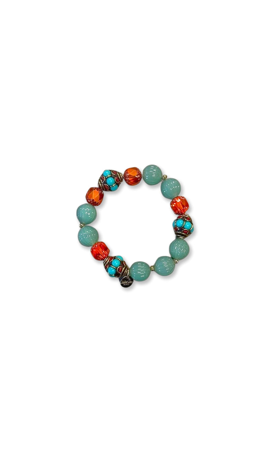 Plümo- Soraya Bracelet: beaded with turquoise, orange beads, gold detailing, and a metallic charm on a white background.