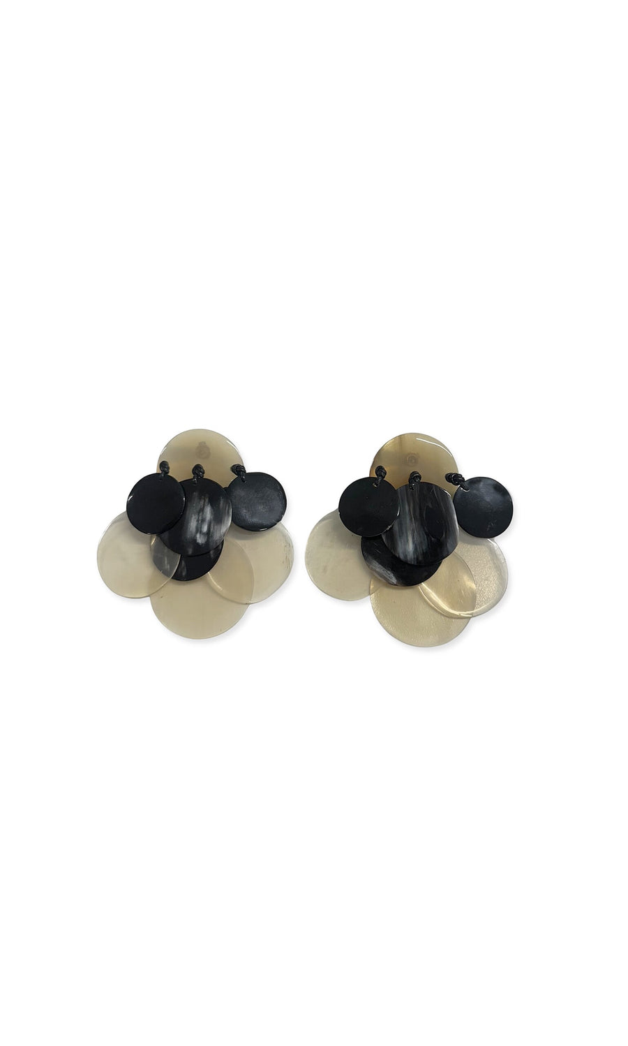 Plümo- Taliya Earrings: Handcrafted with layered round black and metallic discs in a unique floral-inspired design.