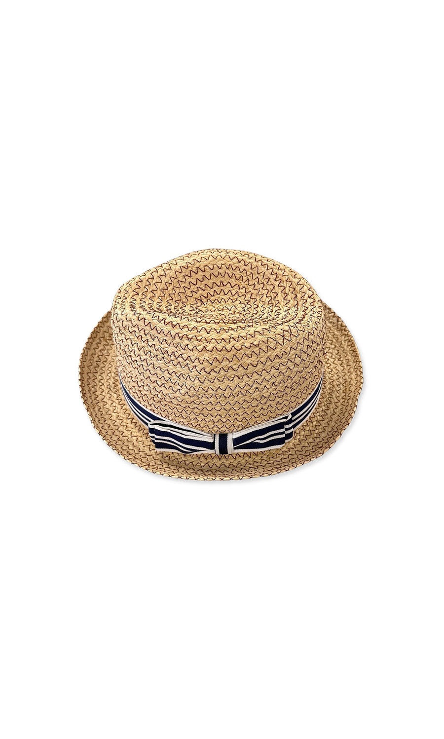 Plümo- The Tansy Hat is a woven straw fedora with a black and white striped ribbon band, flat brim, and one size.