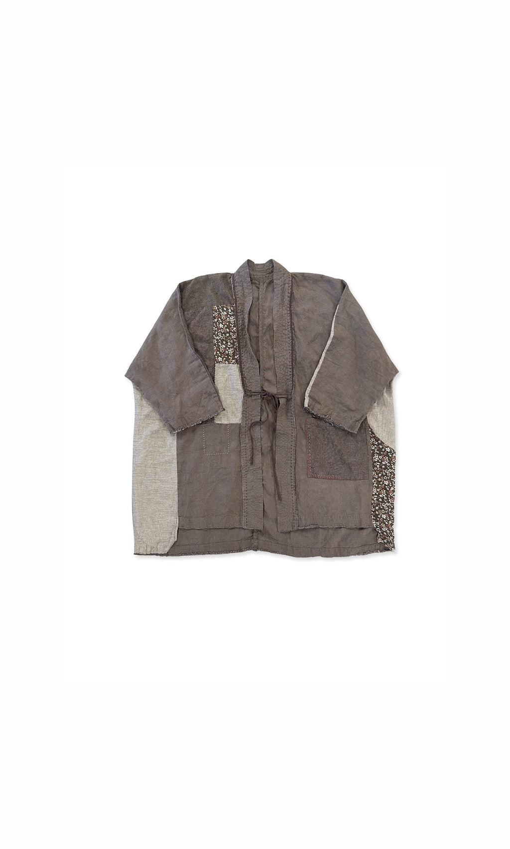 Plümo- Taro Patch Kimono—brown jacket with floral patches and artisanal style, shown on a white background.