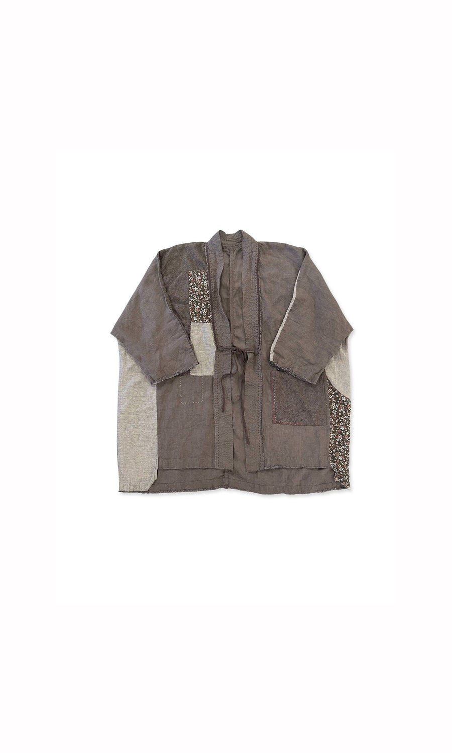 Plümo- Taro Patch Kimono—brown jacket with floral patches and artisanal style, shown on a white background.