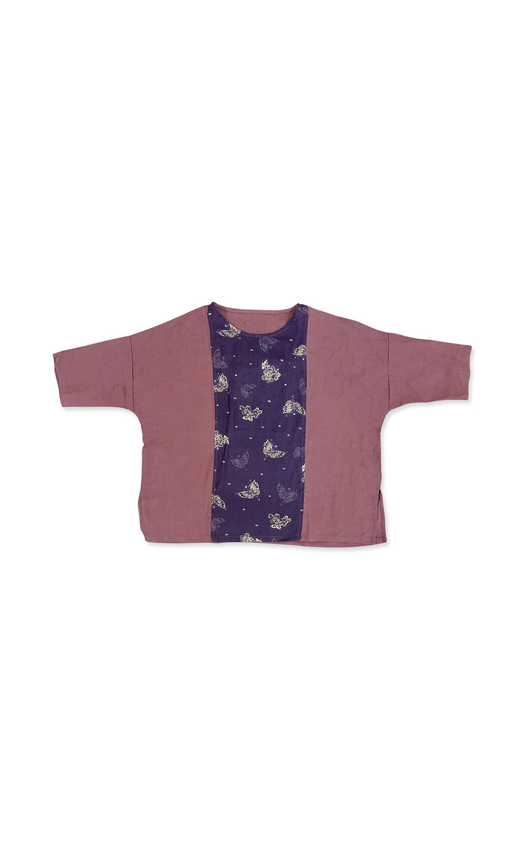 Plümo- Thora Top: Kids' boxy-fit top with mauve sleeves/sides and a navy floral-patterned center panel.
