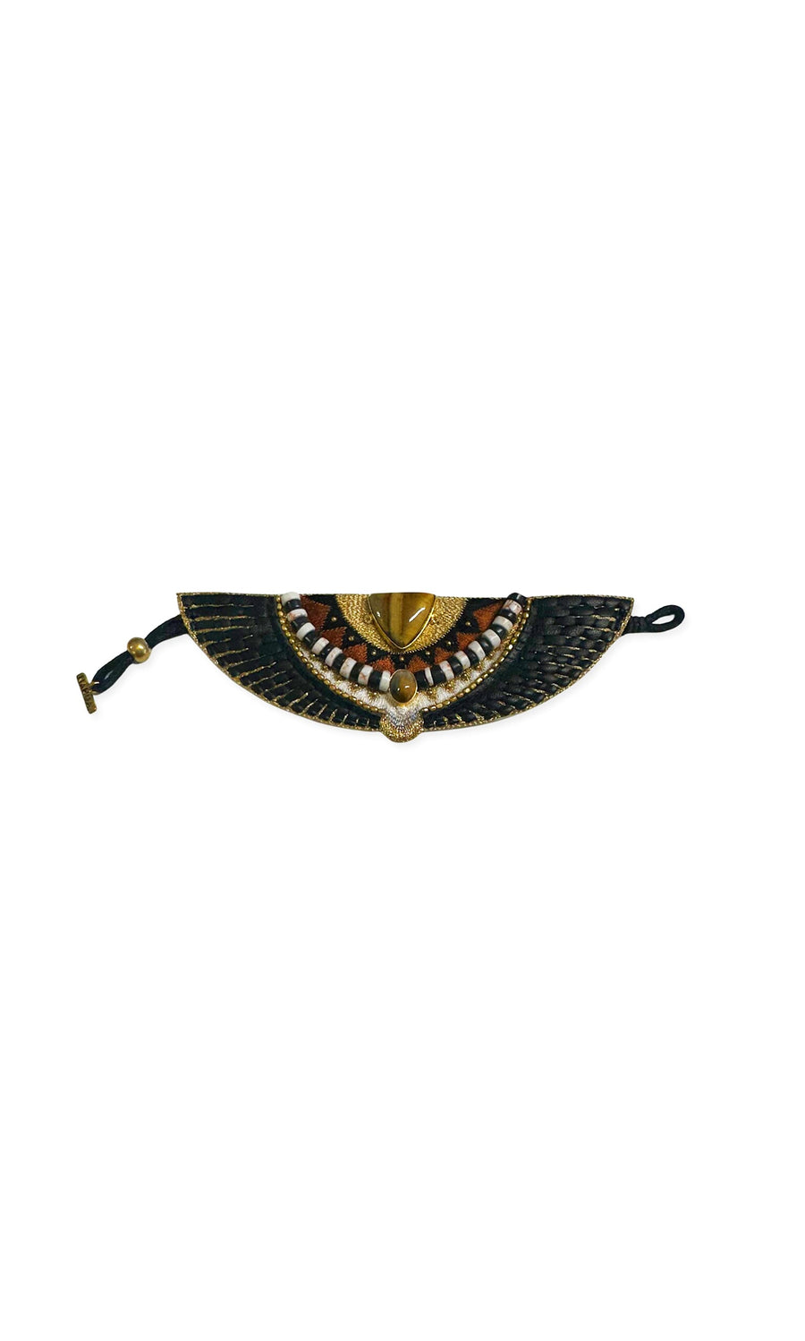 Plümo- Tigers Eye Bracelet: Hand-embroidered, fan-shaped, black, gold, red & white patterns with adjustable black strap.