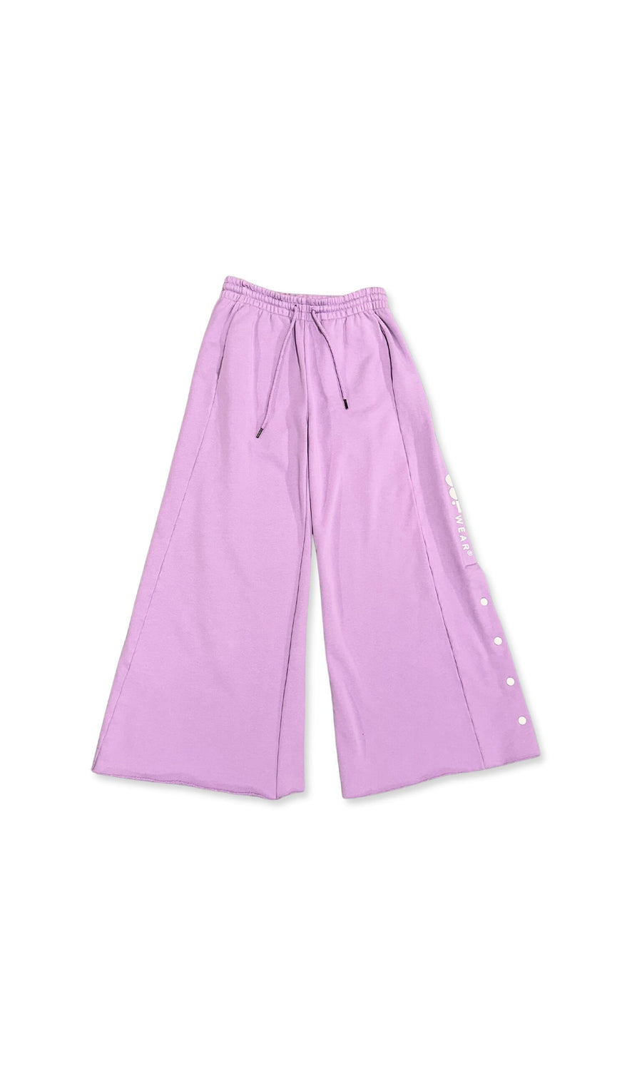 Plümo- Lilac Track Pants with adjustable waistband and white side buttons, shown on a white background.