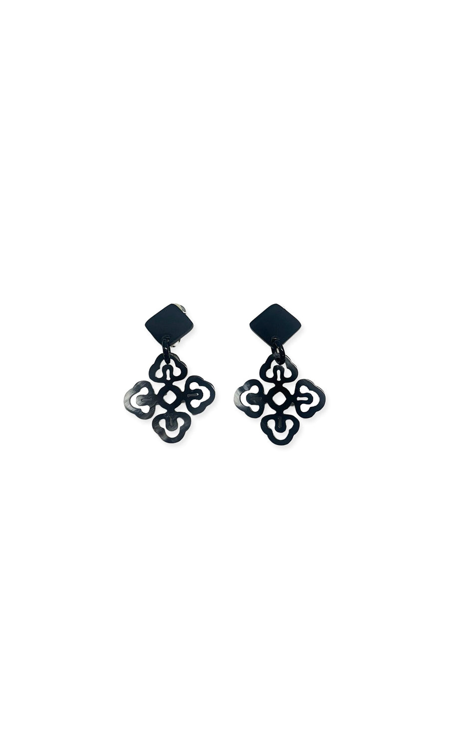 Plümo- Trellis Clip-On Earrings: black geometric artisan jewelry with openwork quatrefoil design on white background.