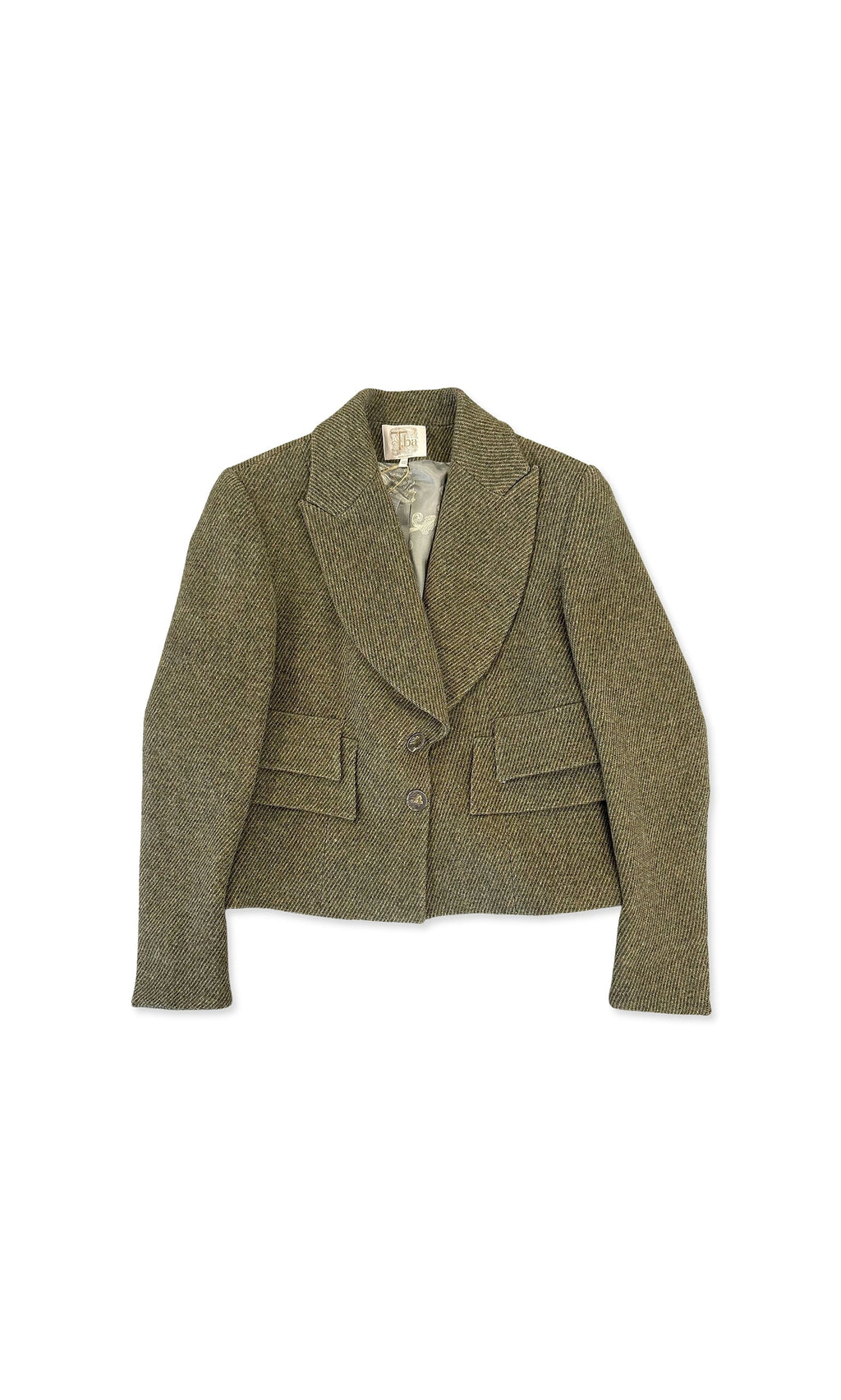 Plümo- Cropped Tweed Blazer in olive green with tailored fit, two buttons, and notched lapels on a white background.