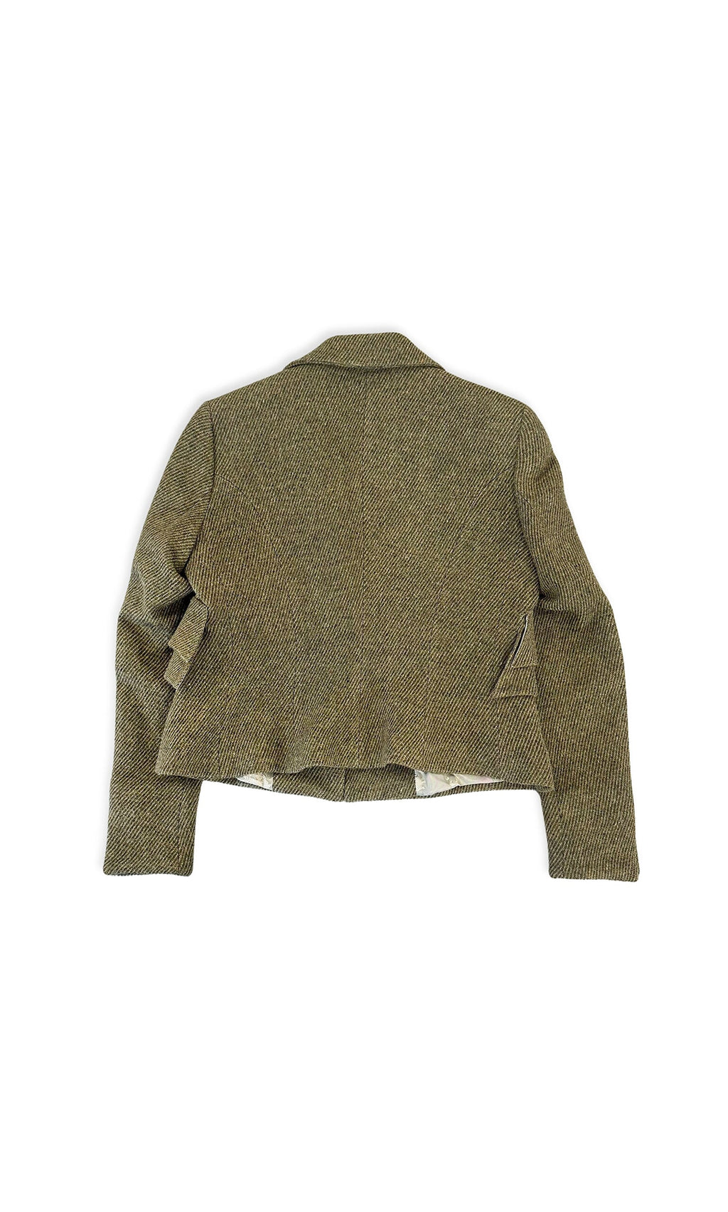 Plümo- Cropped Tweed Blazer shown flat with the back side up, emphasizing its tailored silhouette and hem details.