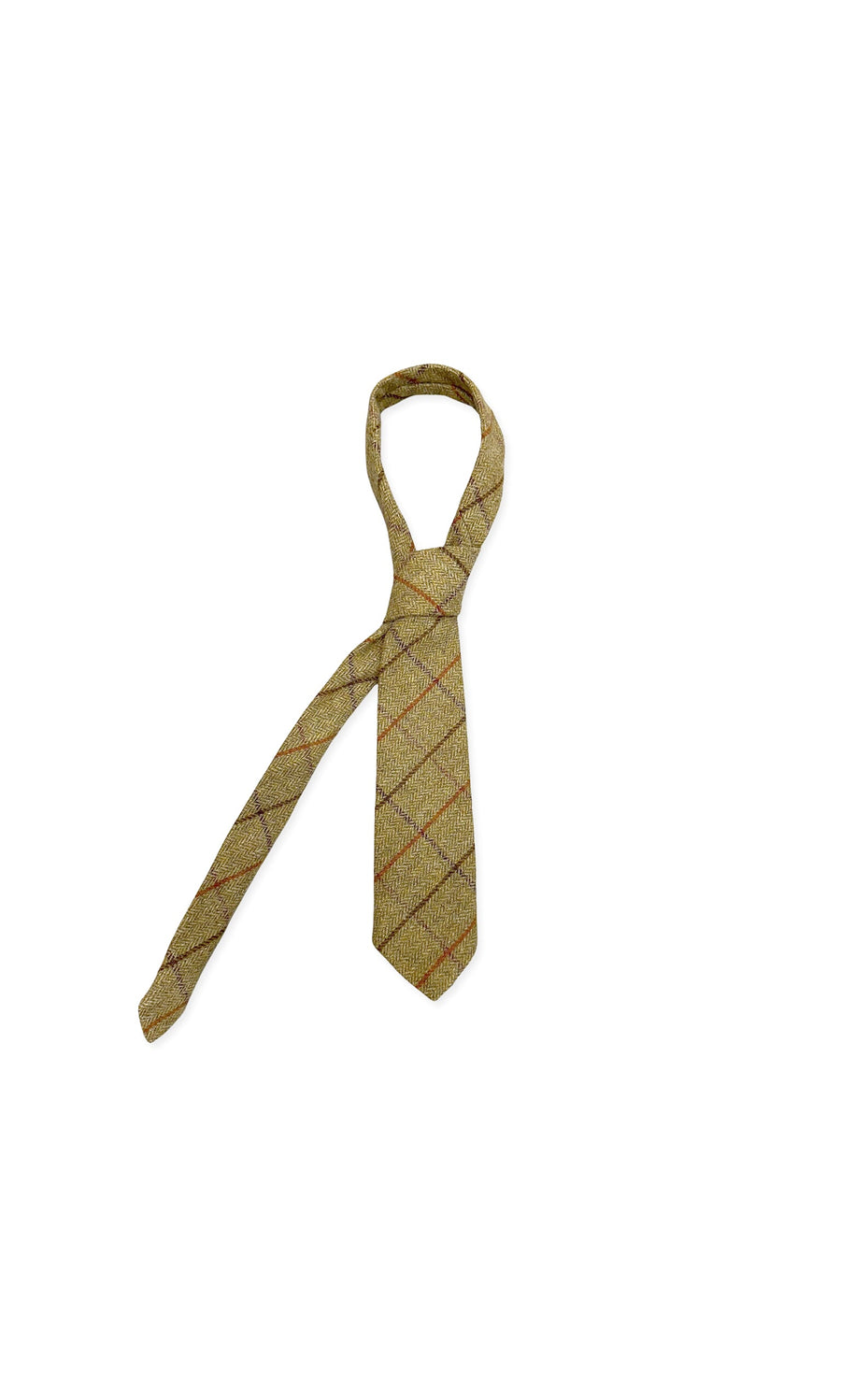 Plümo- A Tweed Tie in brown plaid with red and gray lines, pure wool texture, tied loosely on a white background.