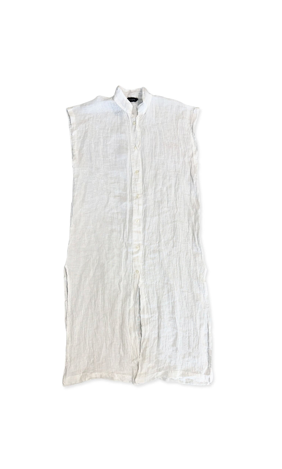 Plümo- Spencer Tunic: White sleeveless linen dress with collar and button-down front, shown on a white background.
