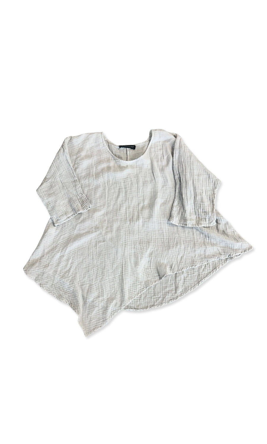 Plümo- Ellery Blouse: light grey, loose-fit muslin waffle top with round neck and long sleeves, shown flat.