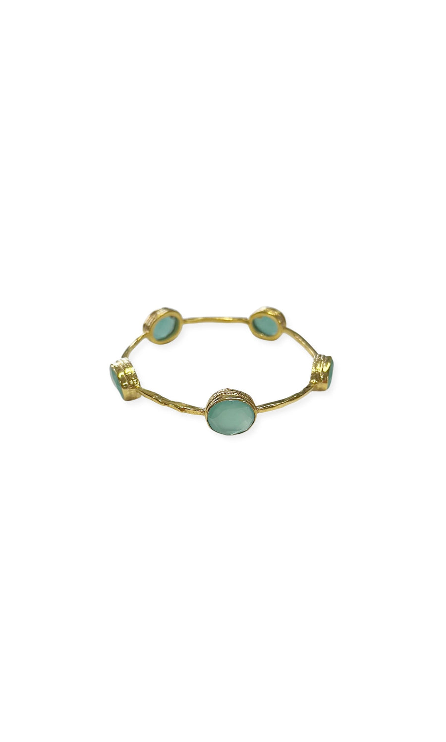 Plümo- Opaline Bangle - Gold with four bezel-set oval green stones spaced around the band on a white background.