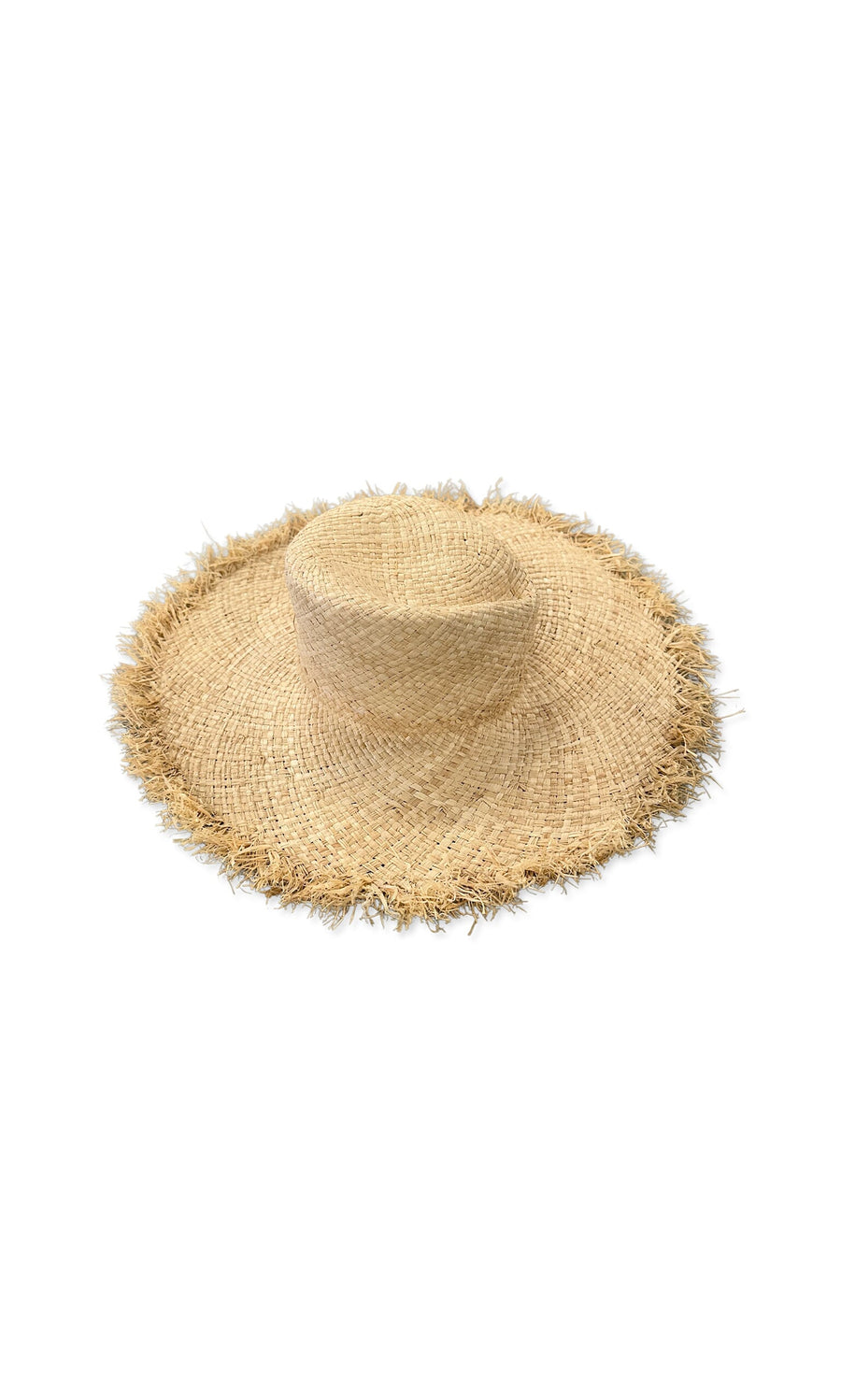 Plümo- Veda Sun Hat with frayed edges and wide brim, shown on a clean white background.
