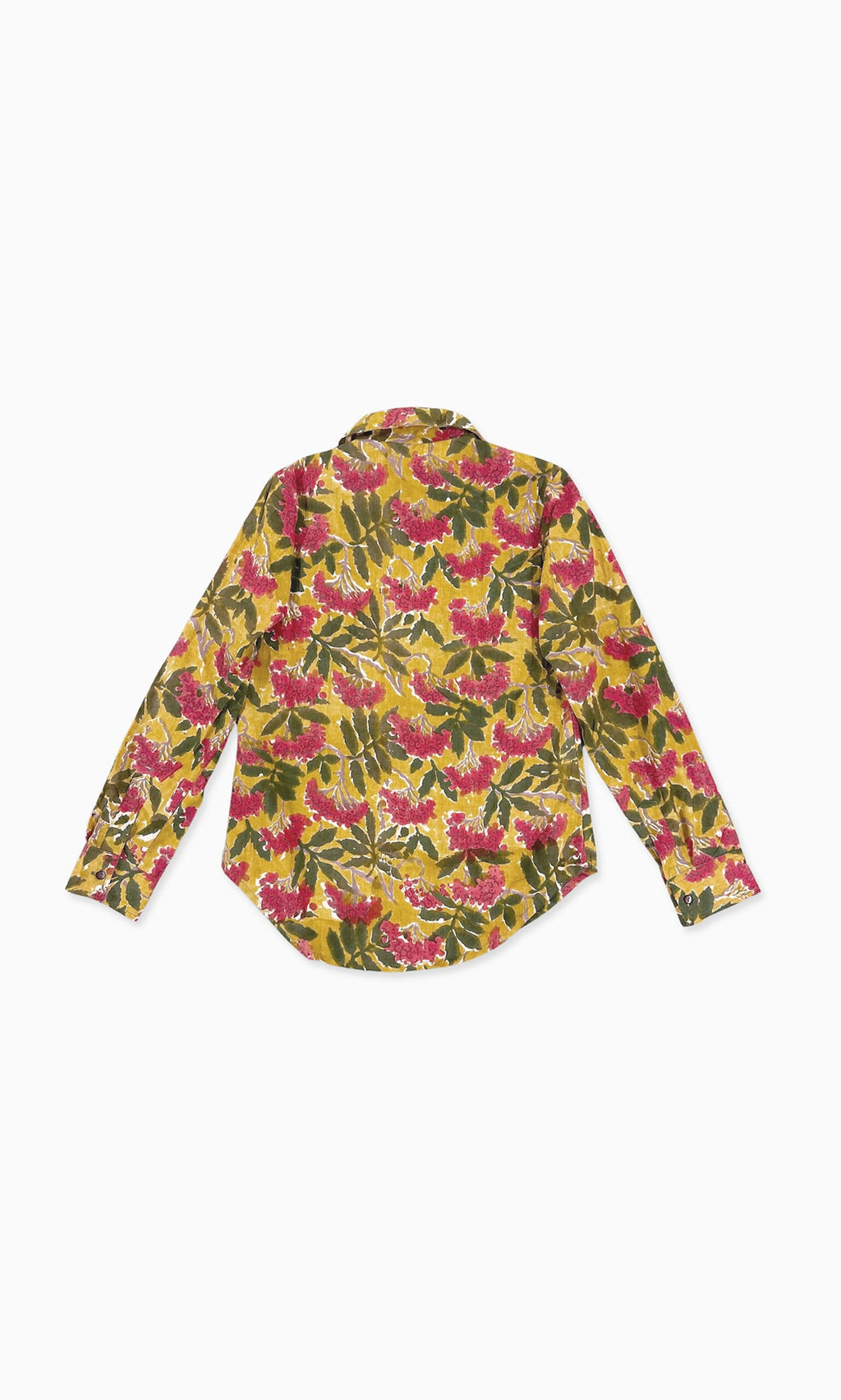 Plümo- The Verbena Shirt is a long-sleeve cotton top with green, pink, and yellow leaf print, shown flat from the back.