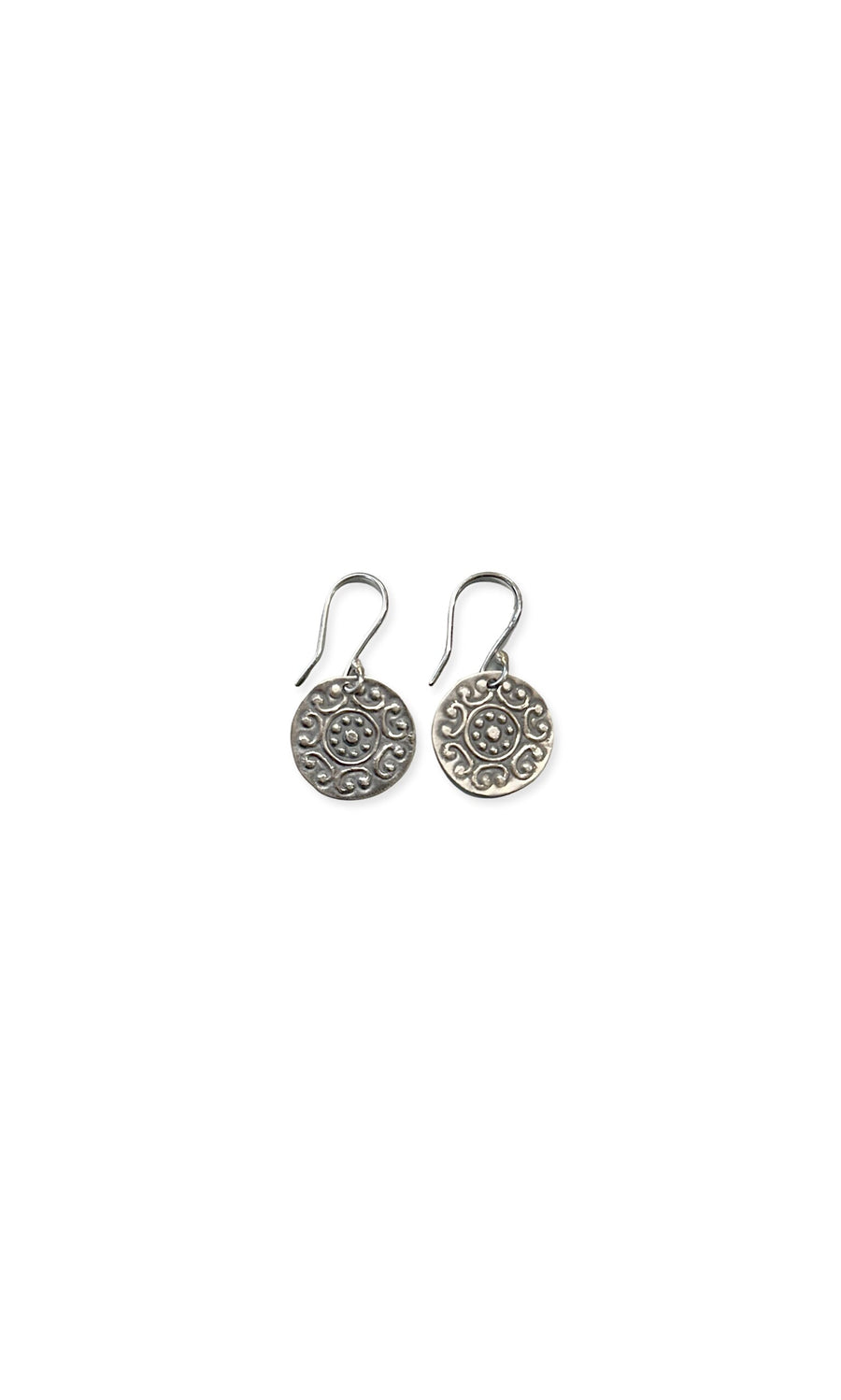 Plümo- Vivia Earrings: Silver dangle earrings with ornate floral medallions and an antique finish on a white background.