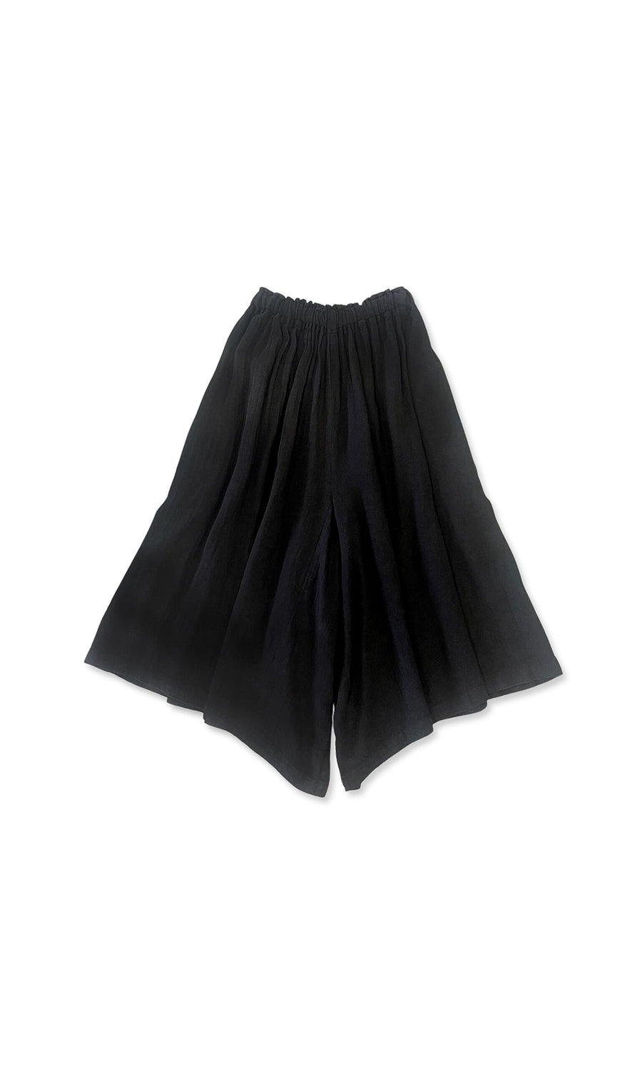 Plümo- Wide Leg Culottes in black linen with an elasticated waist, shown against a white background.