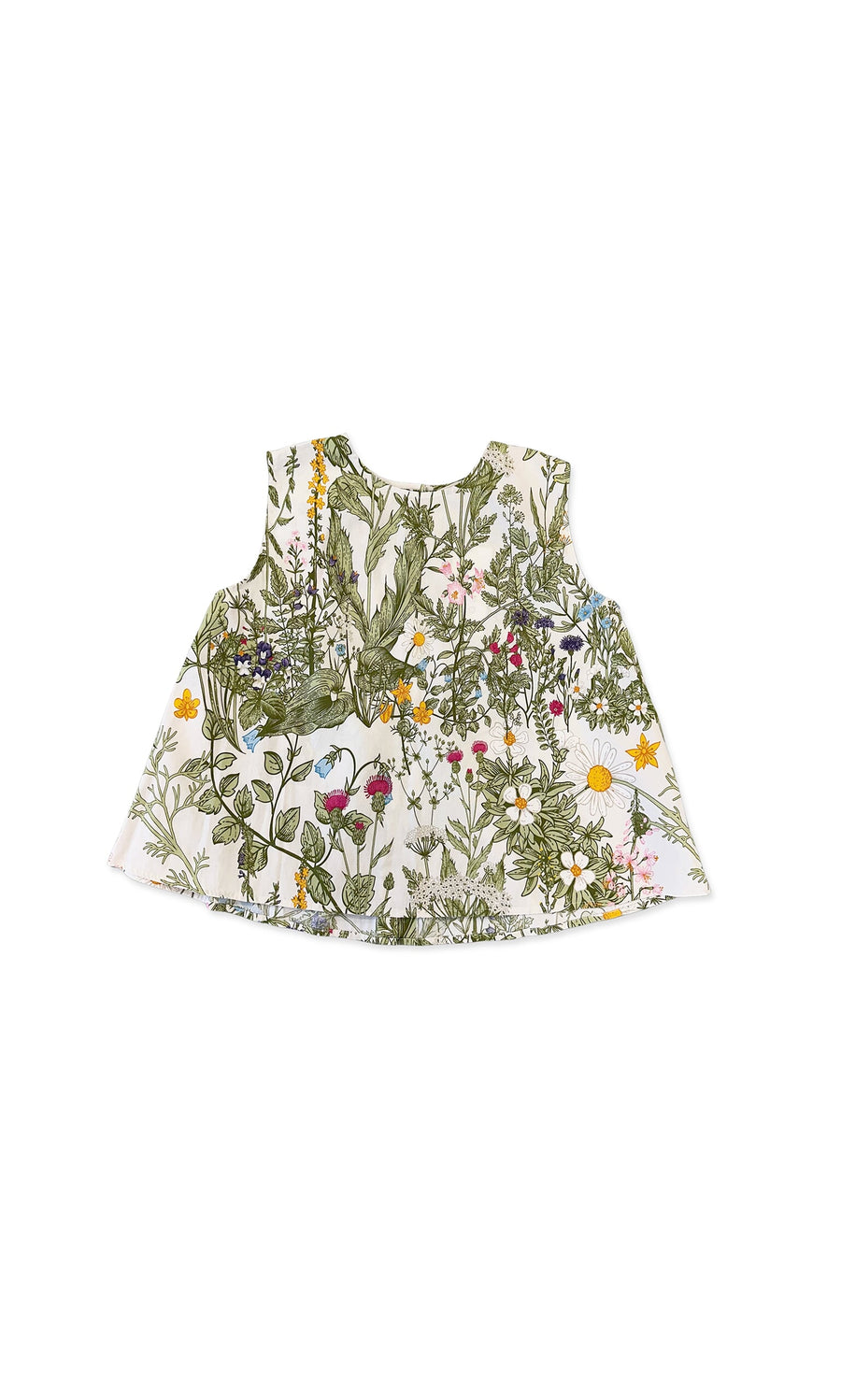 Plümo- Serena Top - Floral: Sleeveless cotton baby top with a flared shape and vibrant floral print on white.