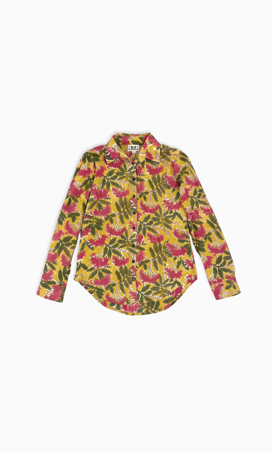 Plümo- Verbena Shirt: Long-sleeved cotton shirt with red, green, and yellow hand block-printed floral leaf pattern.