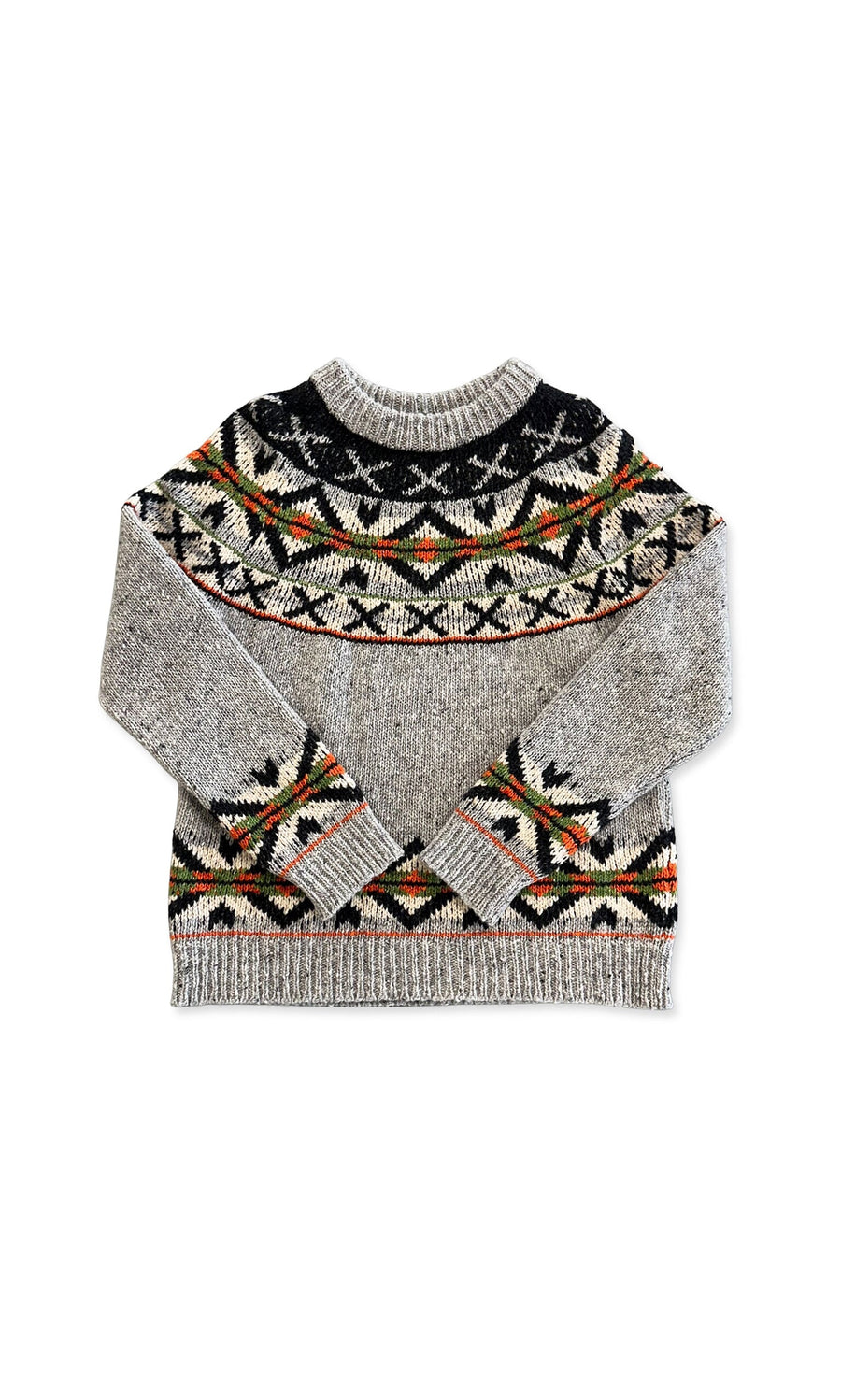 Plümo- Yoke Jumper: Gray wool Fair Isle sweater with multicolored patterns and chunky rib-knit trims, laid flat.