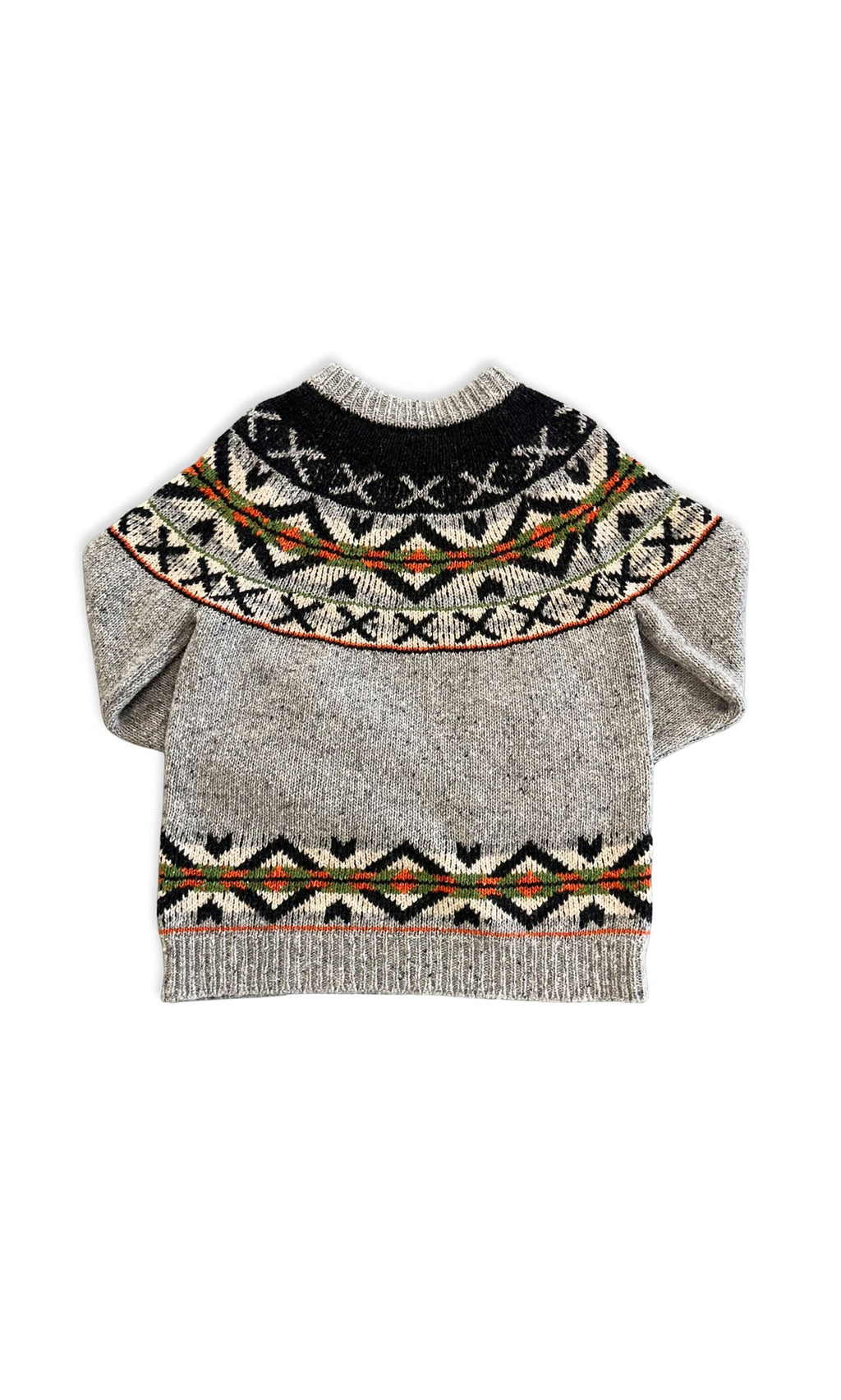 Plümo- Yoke Jumper in gray wool features a colorful geometric yoke and chunky rib-knit trims, shown flat on white.