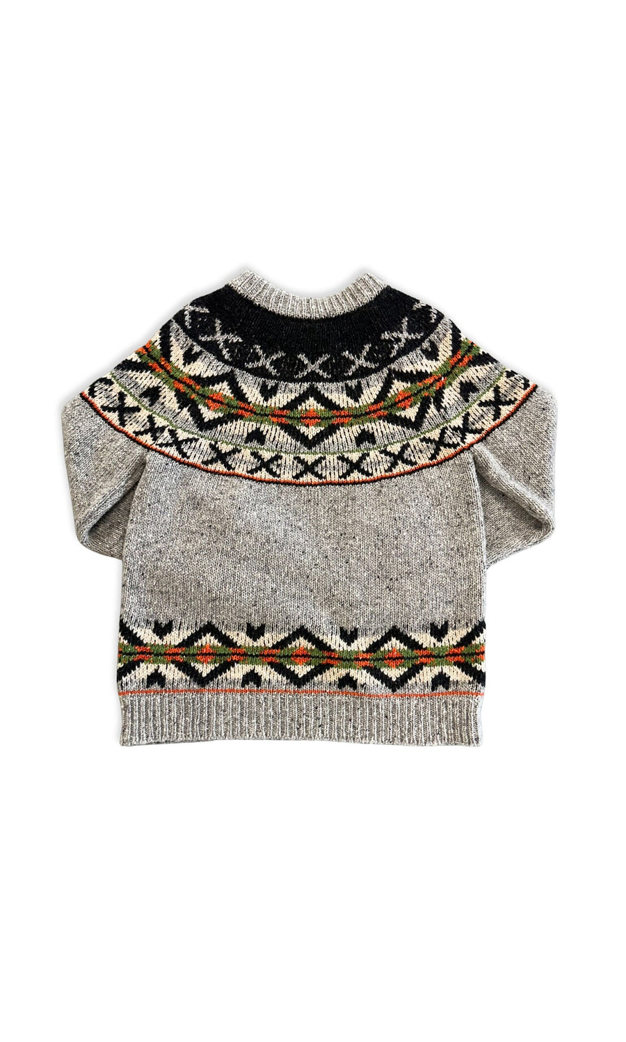 Plümo- Yoke Jumper in gray wool features a colorful geometric yoke and chunky rib-knit trims, shown flat on white.