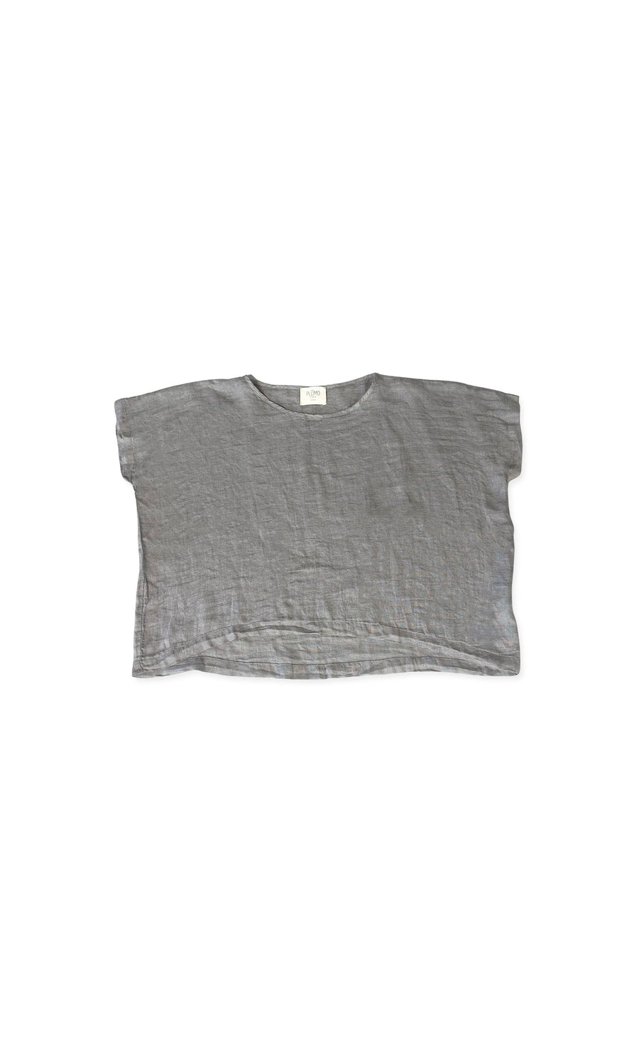 Plümo- Zenna Top: Grey linen, boxy silhouette, short sleeves, size Large, shown on a white background.