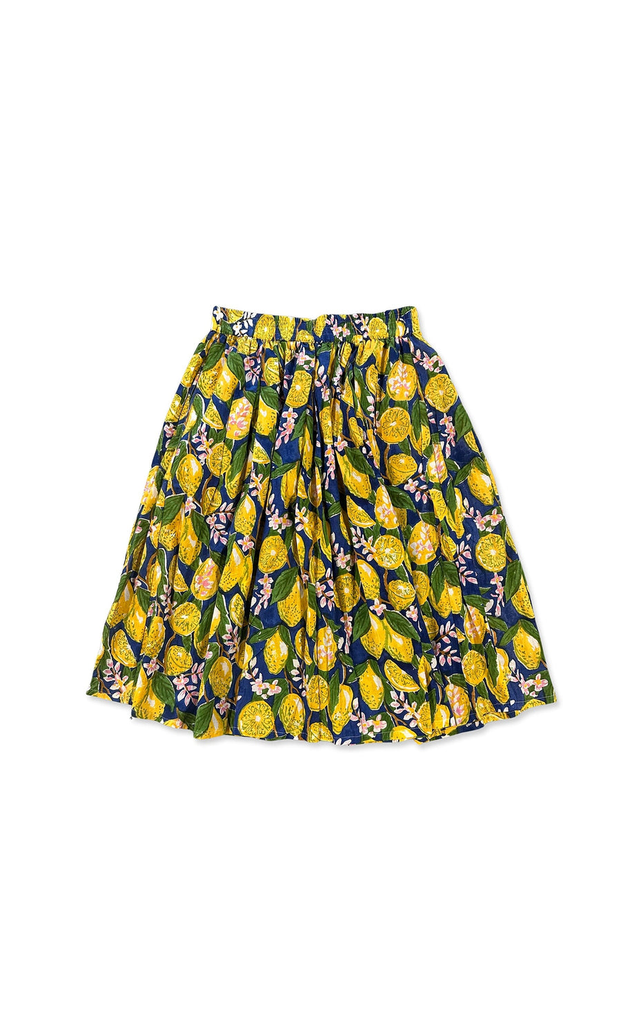Plümo- The Zest Skirt is a knee-length cotton voile skirt with an Amalfi lemon and floral print and a gathered waistband.