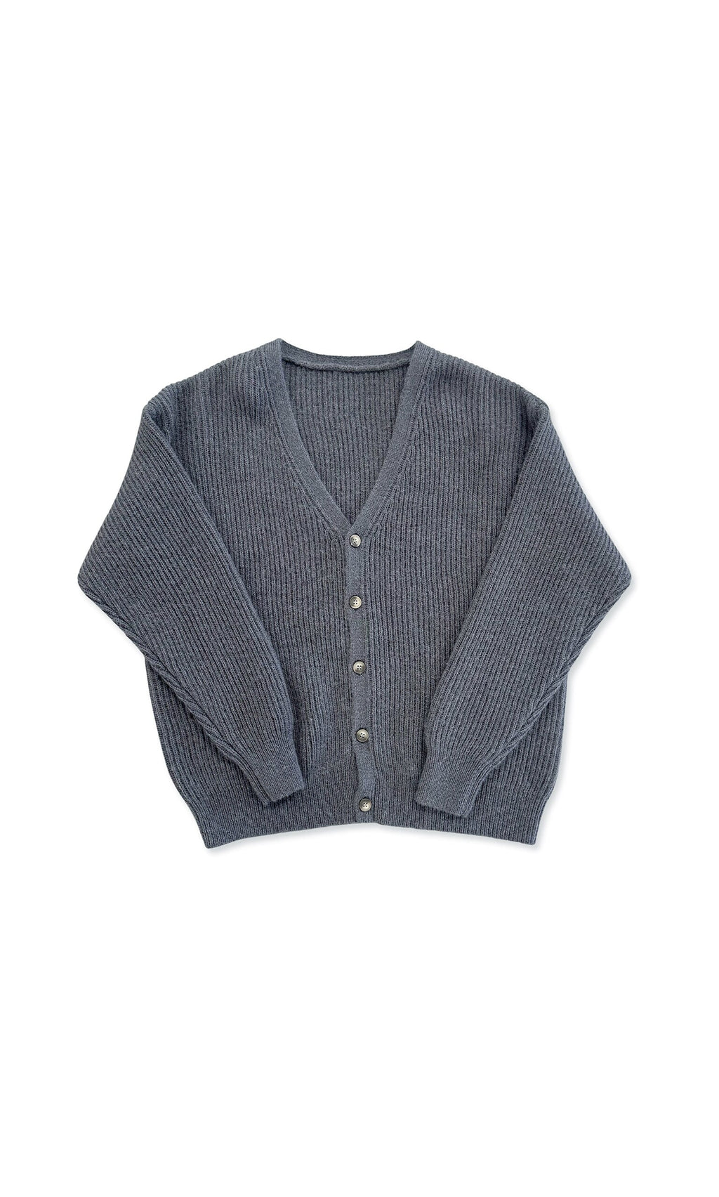 Plümo- Zorine Cardigan: dark gray, long-sleeve button-down with silver buttons and relaxed silhouette, shown on white background.