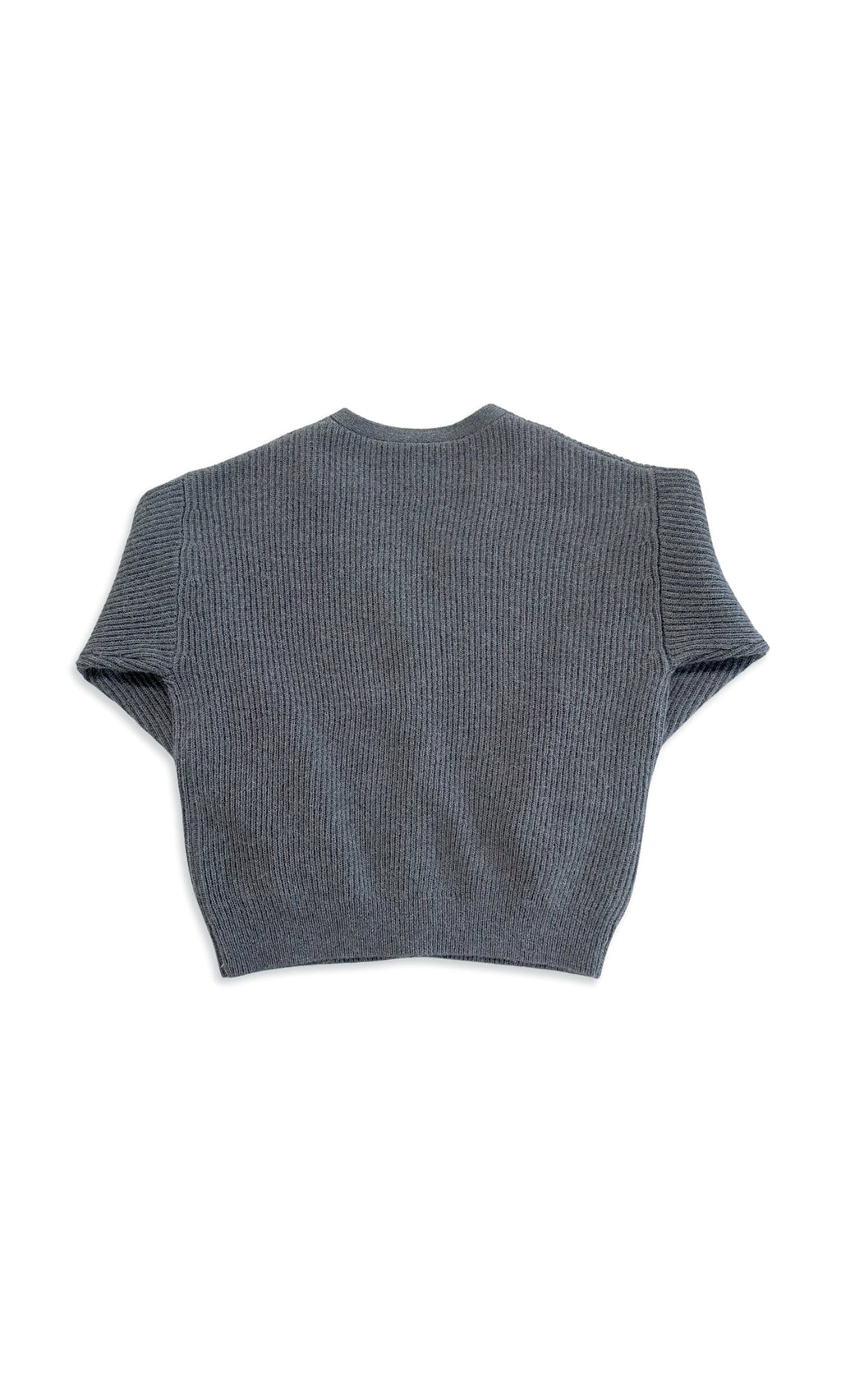 Plümo- The Zorine Cardigan is a gray, short-sleeve ribbed knit with a relaxed fit, shown laid flat with the back facing up.
