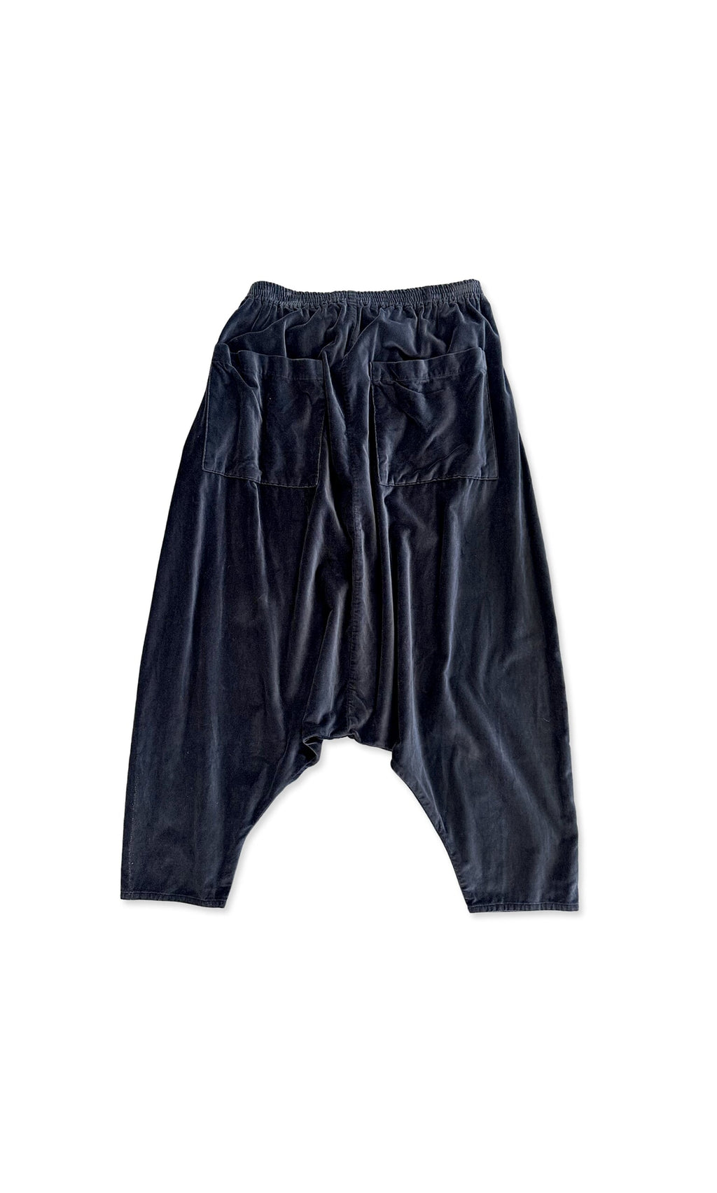 Plümo- Stone Velvet Pants in black and dark grey with elastic waistband and two back pockets, shown on white background.