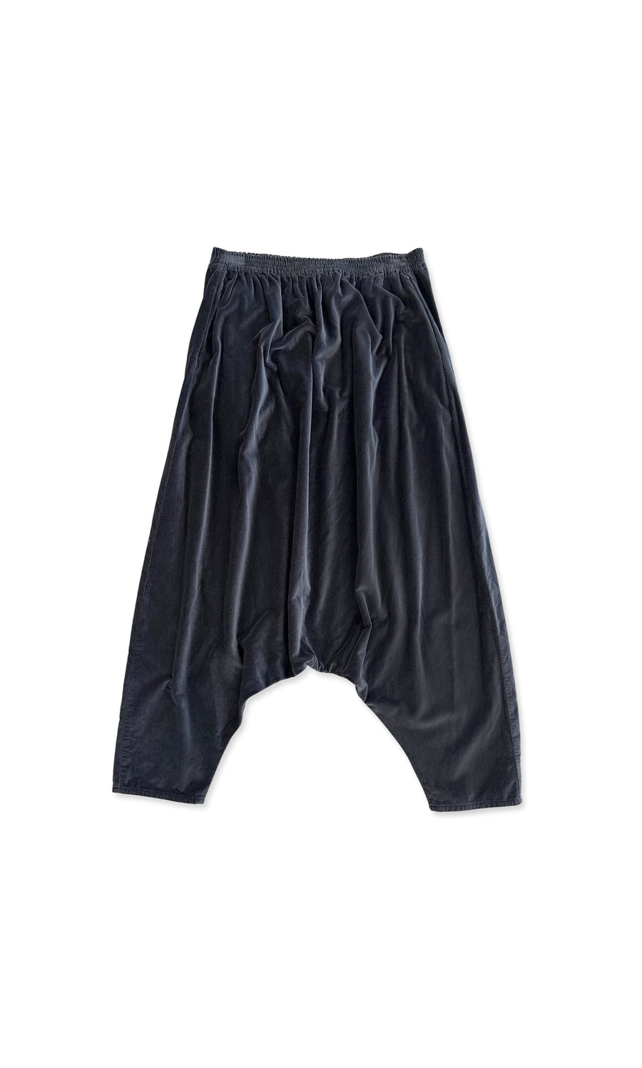 Plümo- Stone Velvet Pants in dark grey with an elastic waistband, displayed flat on a white background.