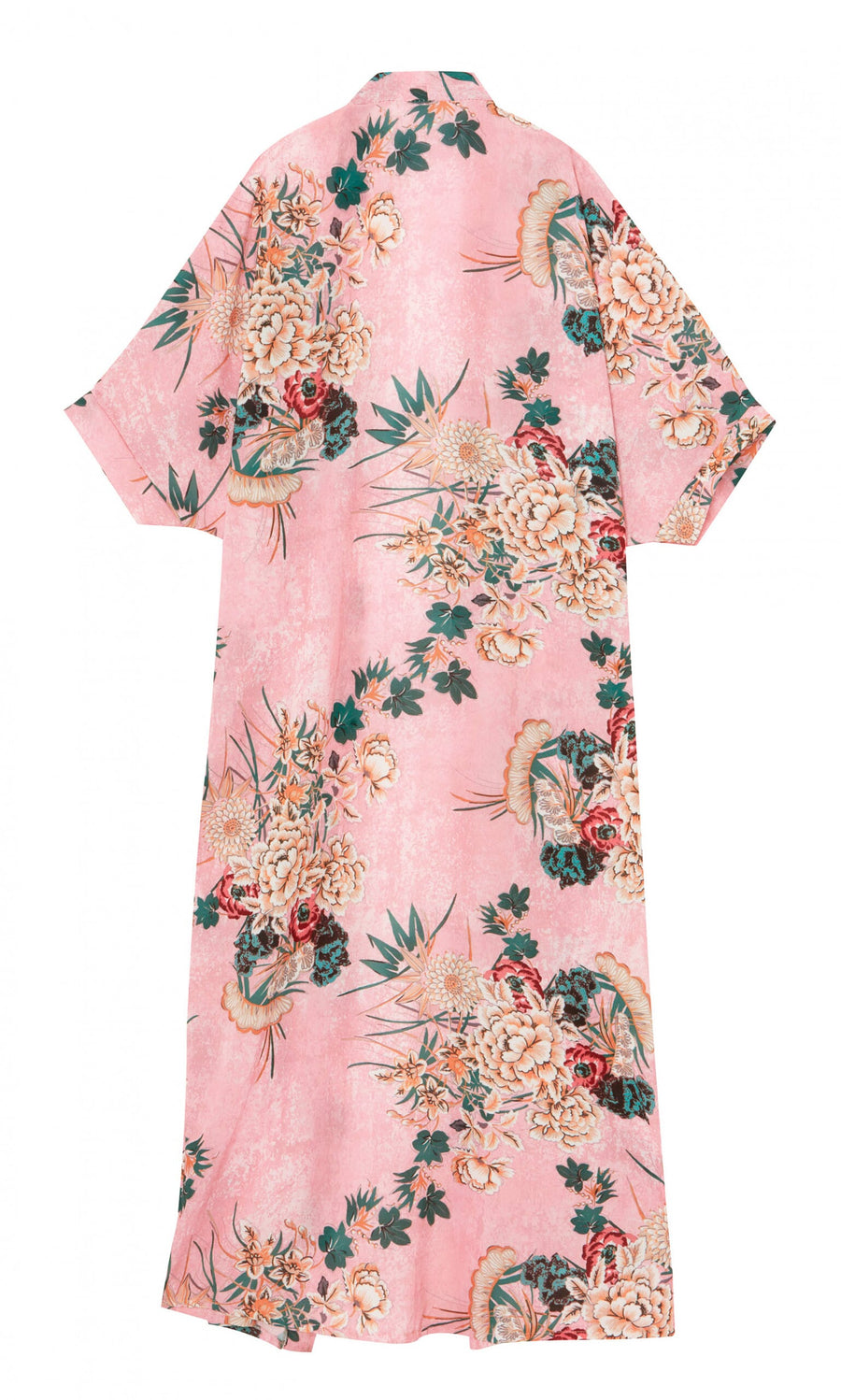 Plümo- Tarifa Kimono: Pink floral print with green, cream, and red flowers, cropped sleeves, on a white background.