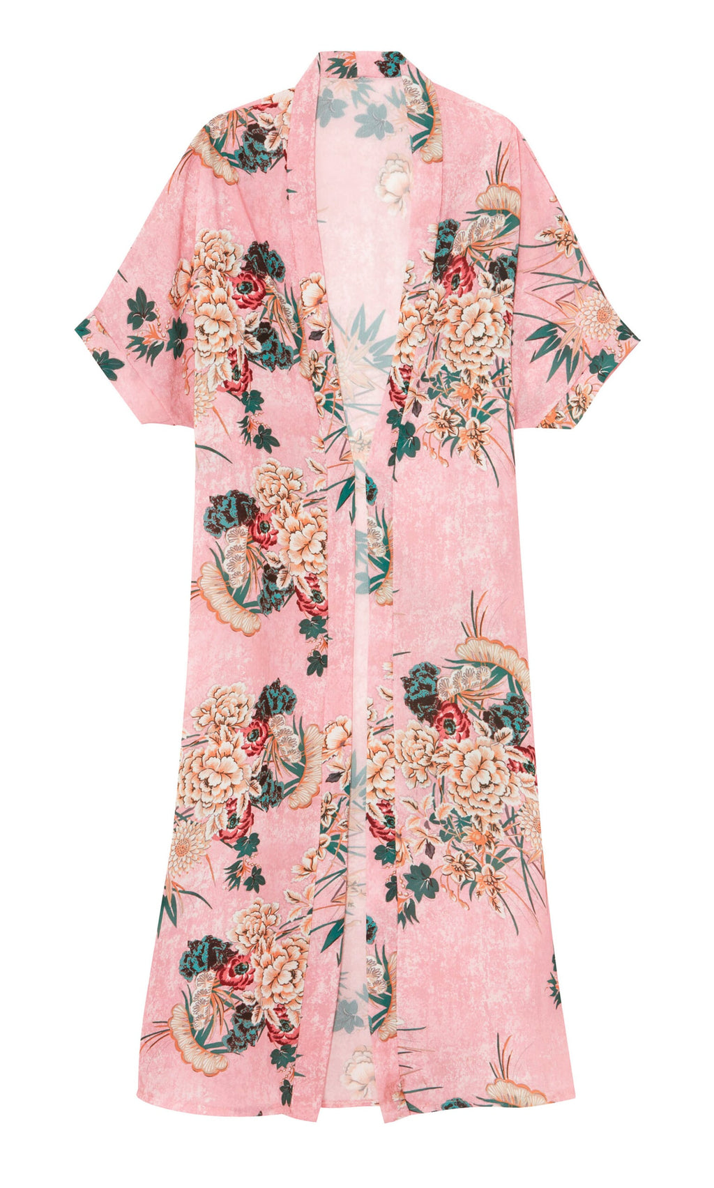 Plümo- Tarifa Kimono: Pink floral print with cropped sleeves, open front, and vintage-inspired flower pattern.