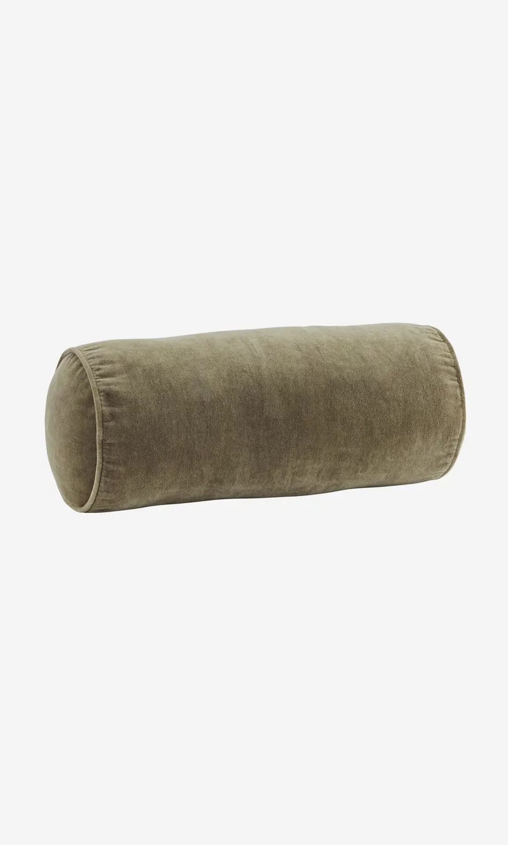 Plümo- Velvet Bolster Cushion in olive green with soft texture, ideal as sofa support on a white background.