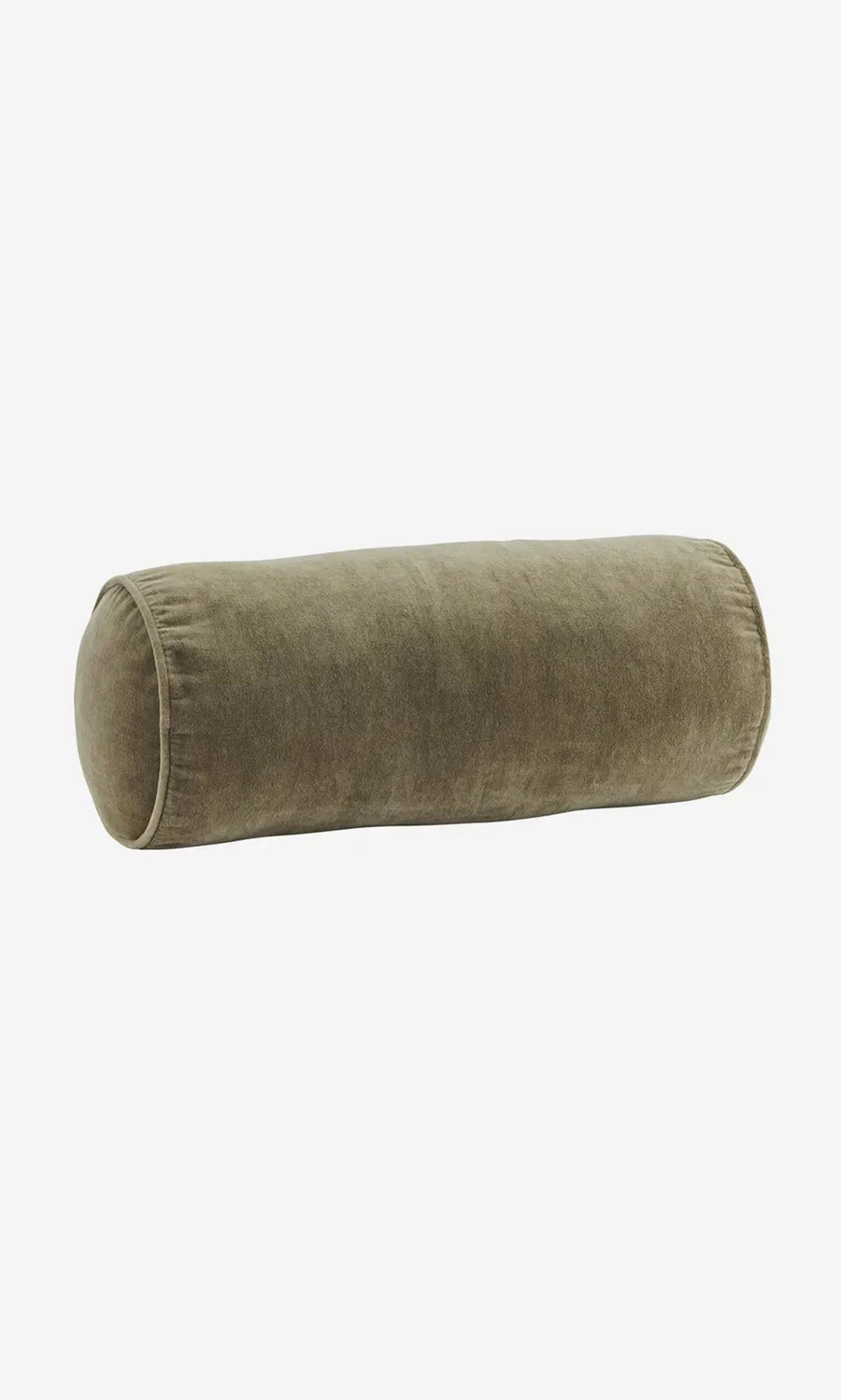 Plümo- Velvet Bolster Cushion in olive green with soft texture, ideal as sofa support on a white background.